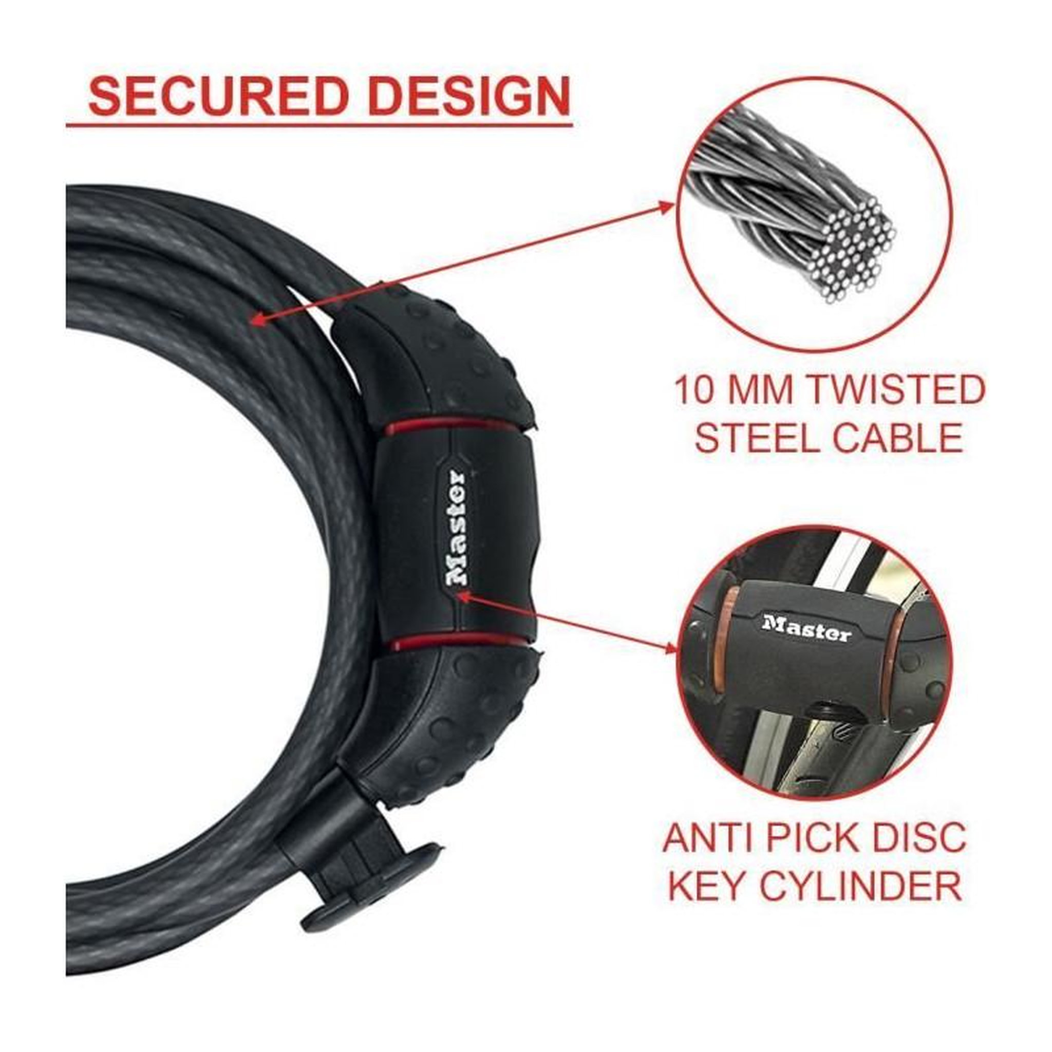 Voir la diapositive 2 : Master lock MASTER LOCK Cable Antivol Vélo [1,8 m Câble] [Clé] [Extérieur] [Support Fixation Vélo] 8130EURDPRO