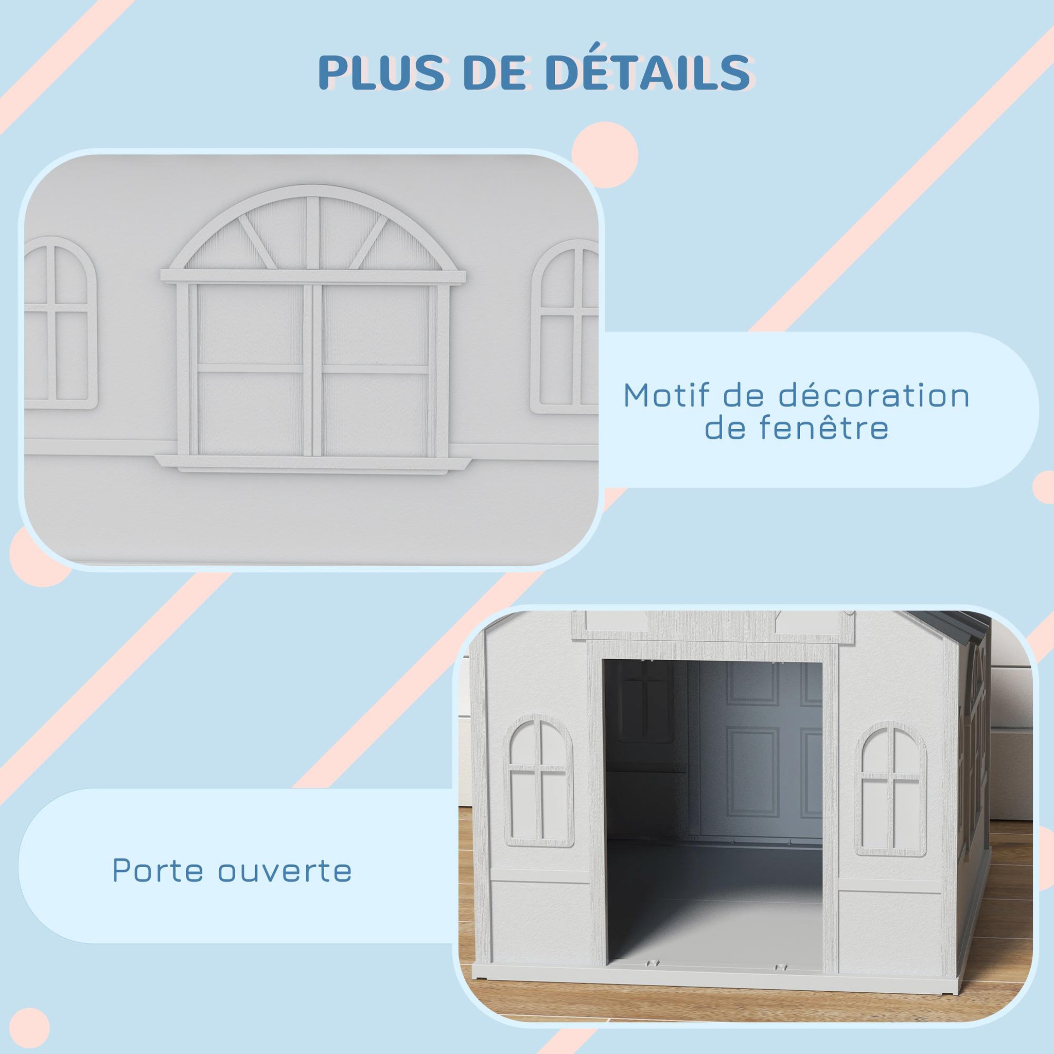 Voir la diapositive 6 : PAWHUT Niche chien style cottage dim. 65L x 75l x 63H cm - motifs fenêtres, porte, aération - PP blanc gris