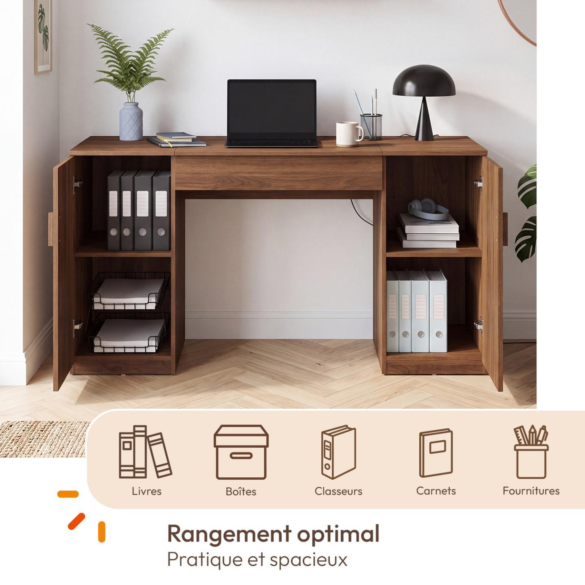 Voir la diapositive 5 : ID MARKET Bureau plateau relevable 140x50 cm JULIETTE 2 portes lattes tasseau bois effet noyer