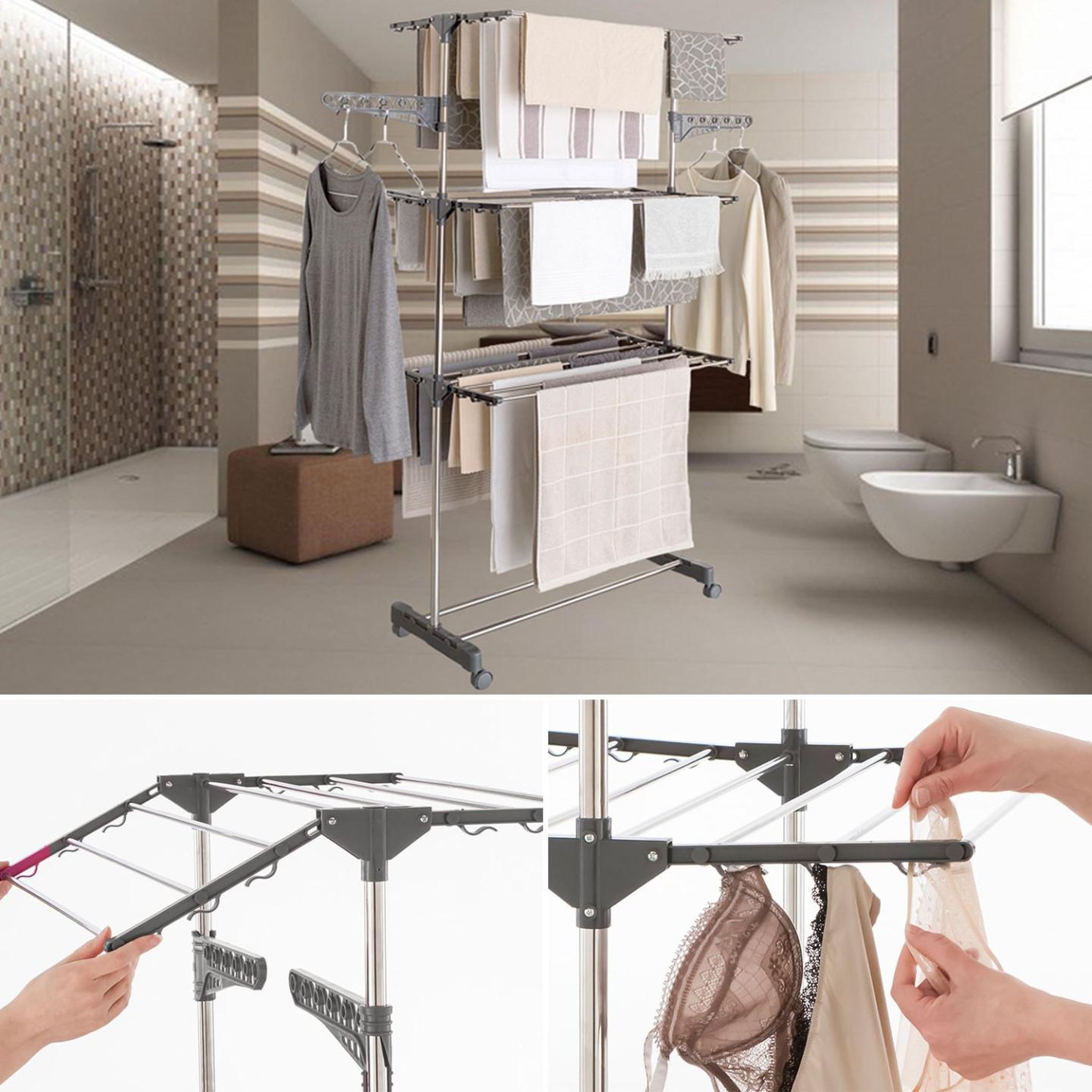Voir la diapositive 5 : ID MARKET Séchoir à linge vertical pliable 3 niveaux maxima capacité 20m inox et gris