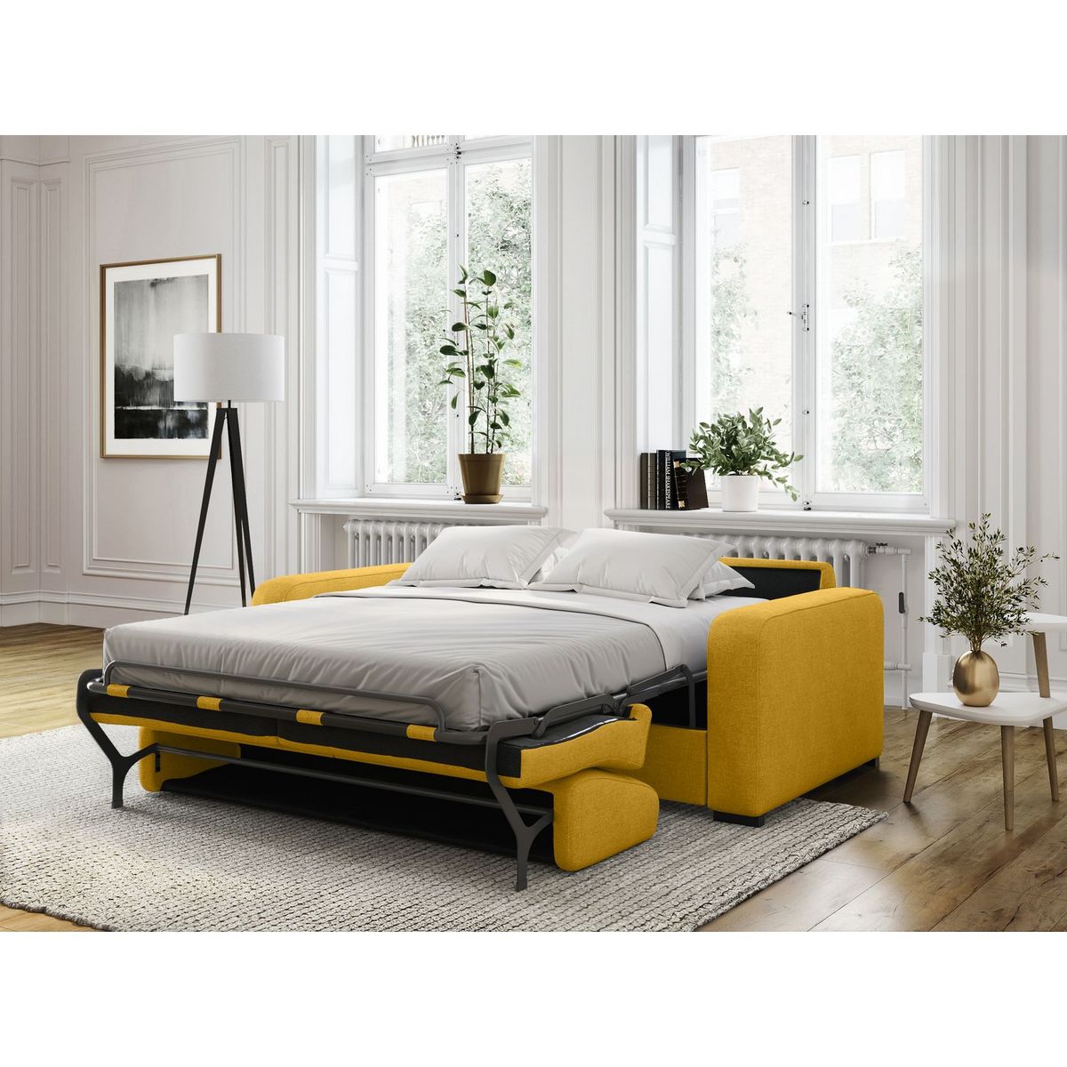 Canapé convertible système couchage express matelas 160x200 13cm 3 places en tissu  DYLAN 