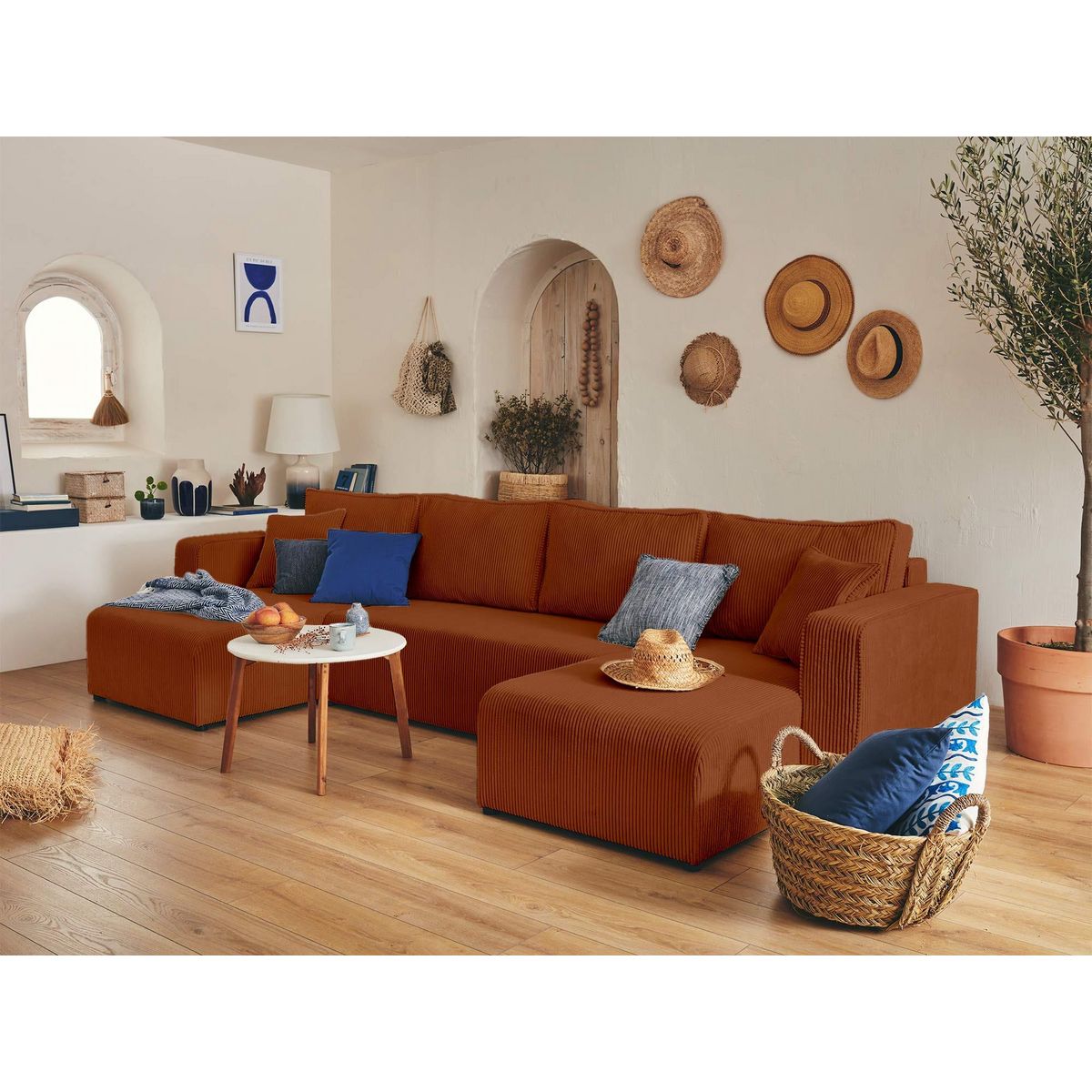 BEST MOBILIER Topaze - canapé panoramique en u - 7 places - convertible avec coffre - en velours côtelé