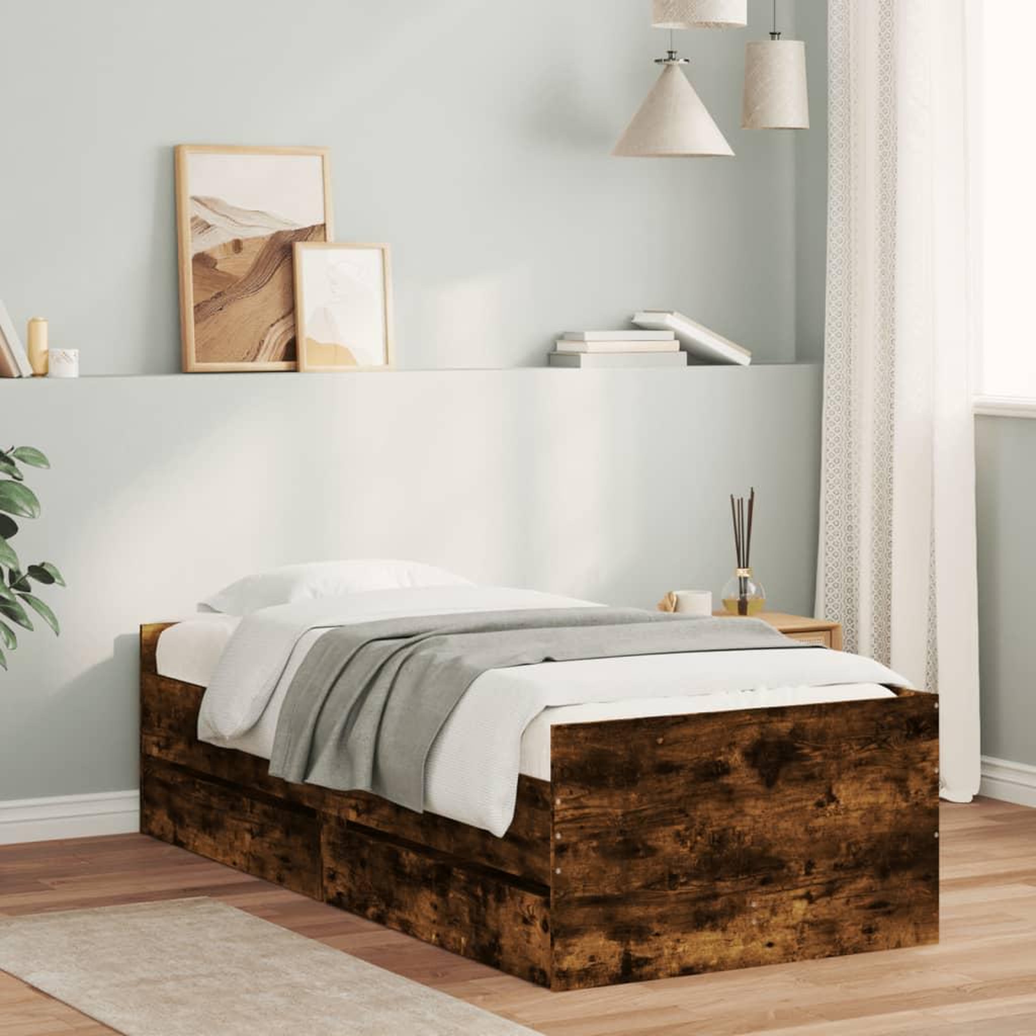 VIDAXL Cadre de lit avec tiroirs sans matelas chene fume 100x200 cm