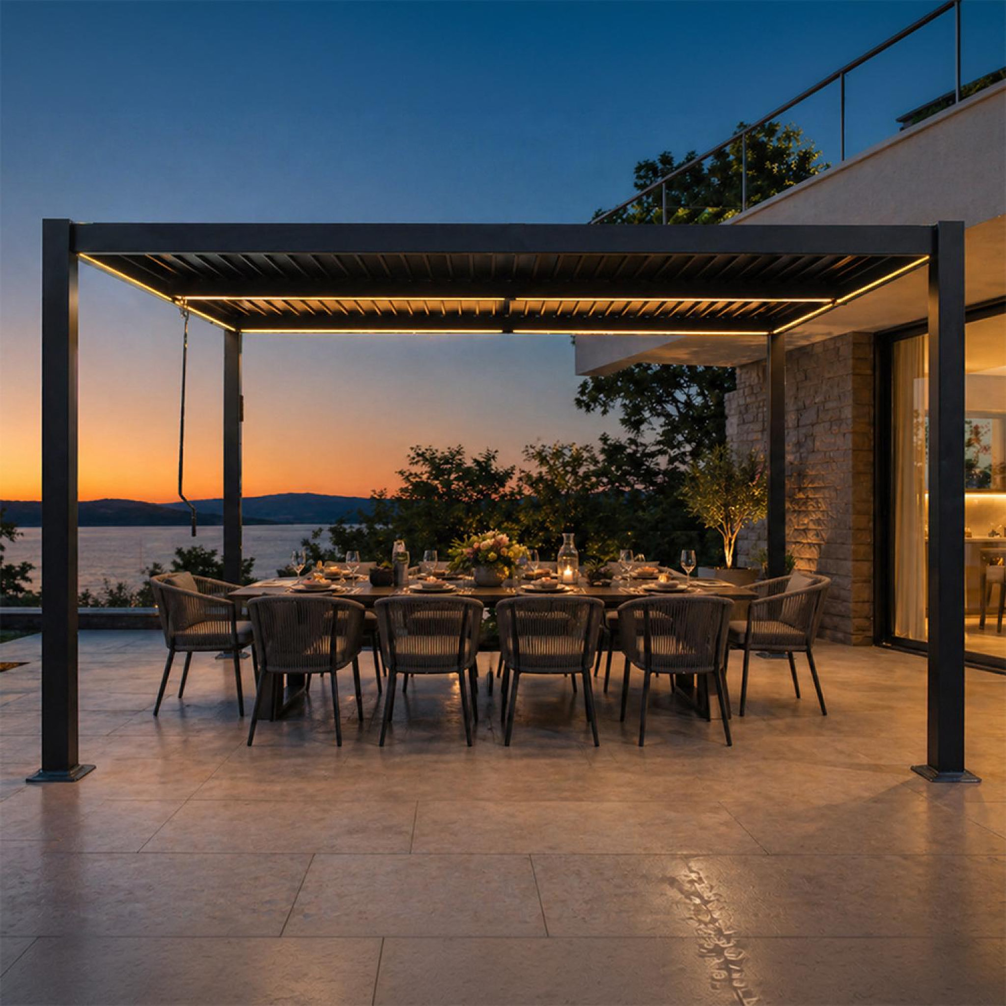 Voir la diapositive 2 : CONCEPT USINE Pergola bioclimatique à led 4x3m structure aluminium lames orientables corfu