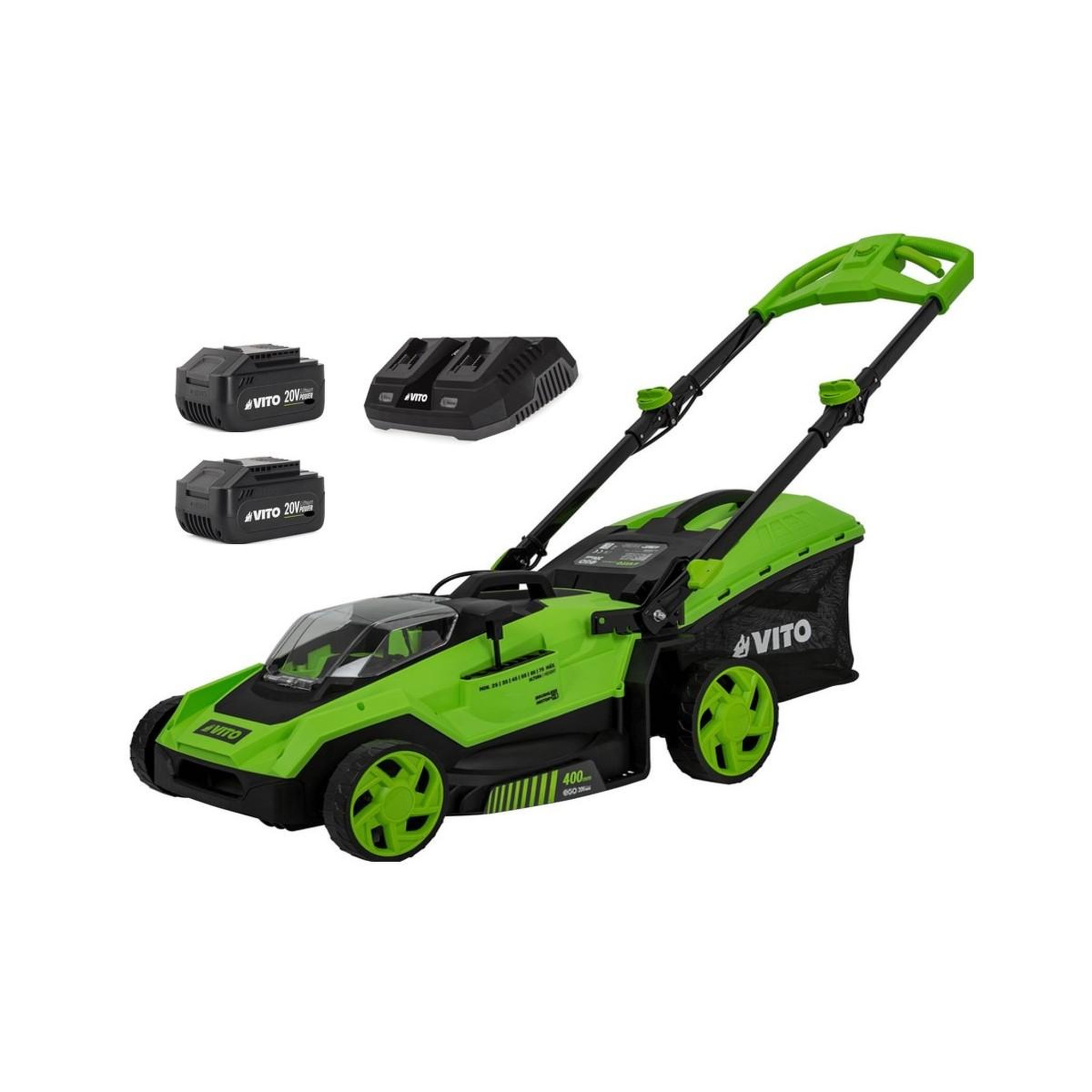 Voir la diapositive 2 : VITO Tondeuse à gazon 40v - brushless 2 batteries lithium 6.0ah chargeur double 800m2 -vito