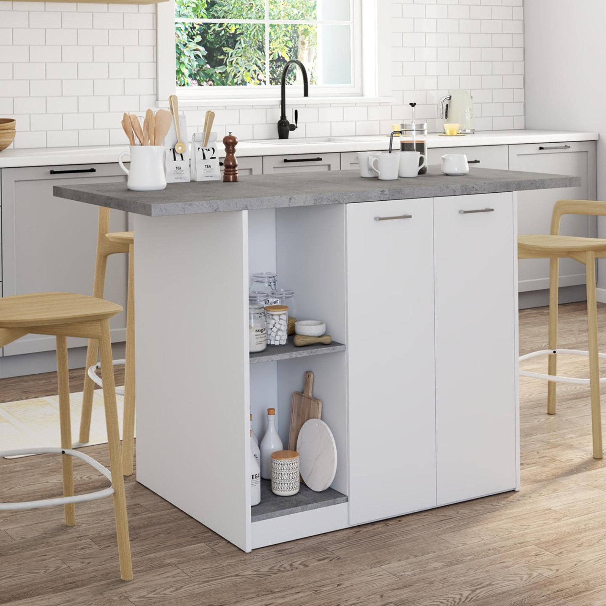 Voir la diapositive 2 : ID MARKET Ilot central bao 140 cm 4 personnes bois blanc avec plan de travail effet béton