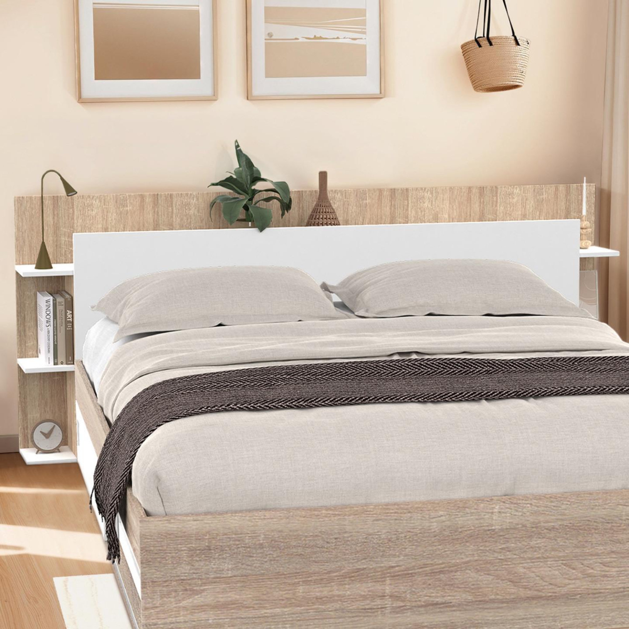 Voir la diapositive 2 : ID MARKET Tête de lit sur pied ciri pour lit 140 et 160 cm avec rangements blanc et bois