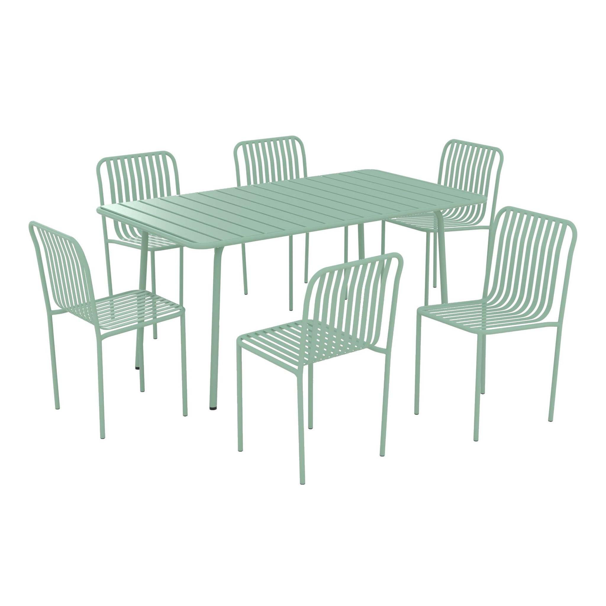 Voir la diapositive 1 : MAISON PAVANE Table et chaises de jardin 6 personnes en métal vert-yumi