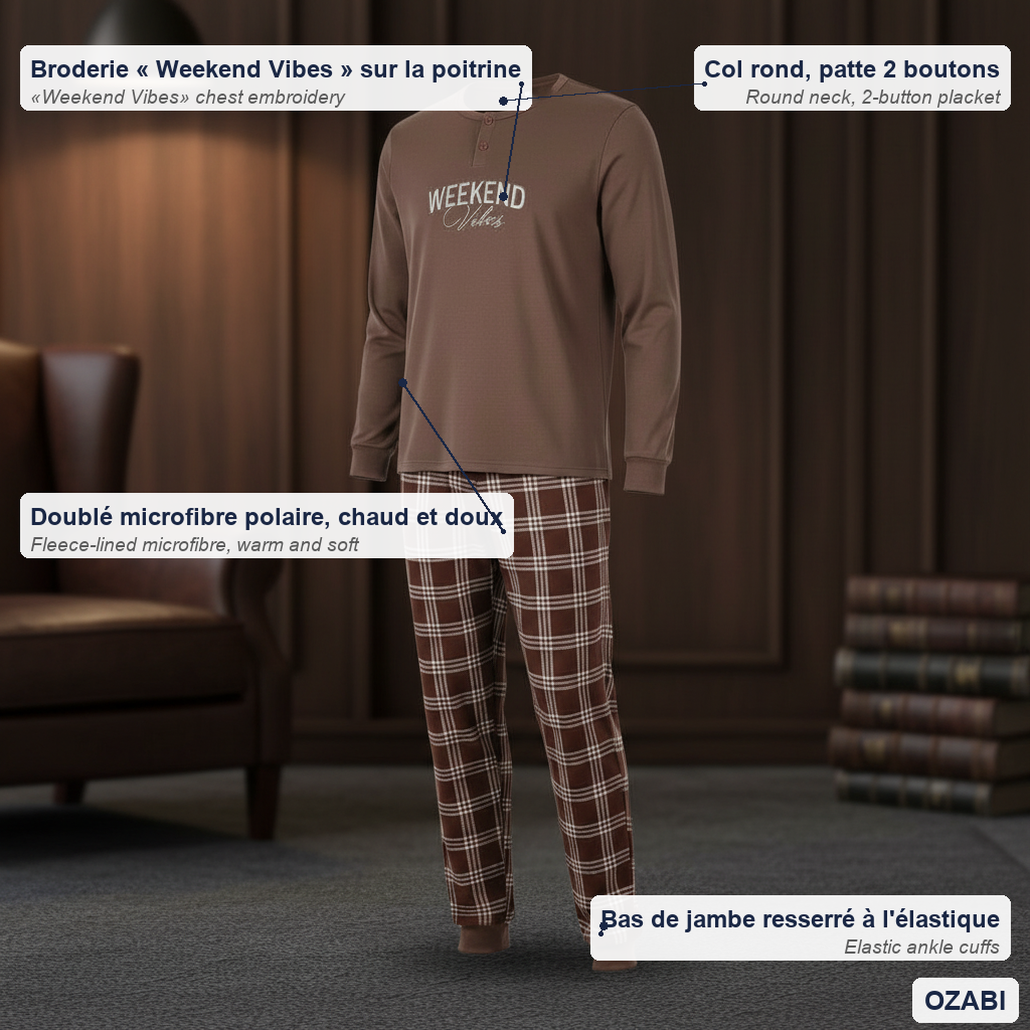 Voir la diapositive 5 : OZABI Ozabi ensemble pyjama homme doublé polaire broderie weekend vibes