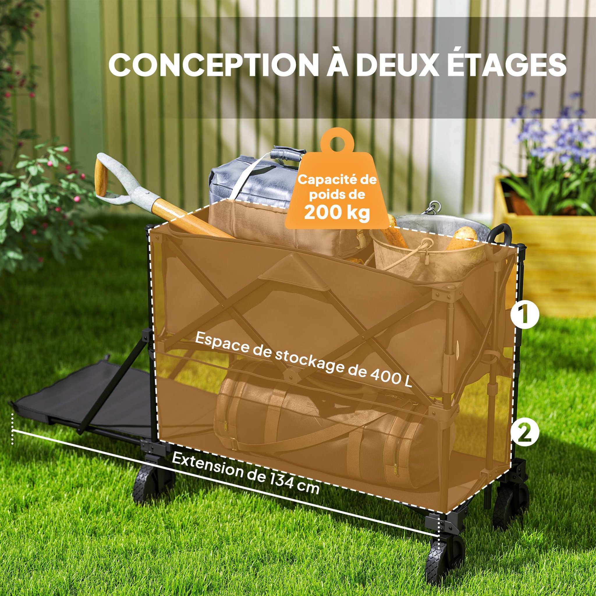 Voir la diapositive 4 : OUTSUNNY Chariot de jardin pliable multi-rangement max. 200 kg - poignée teslescopique - roues tout terrain noir