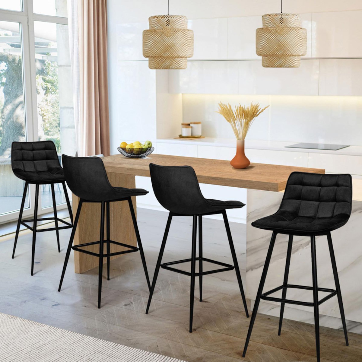 ID MARKET Lot de 4 tabourets de bar MADY en velours noir