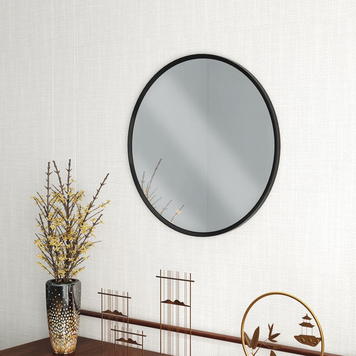 HOMCOM Miroir rond mural diamètre de 61 cm cadre en aluminium style minimaliste décoration noir