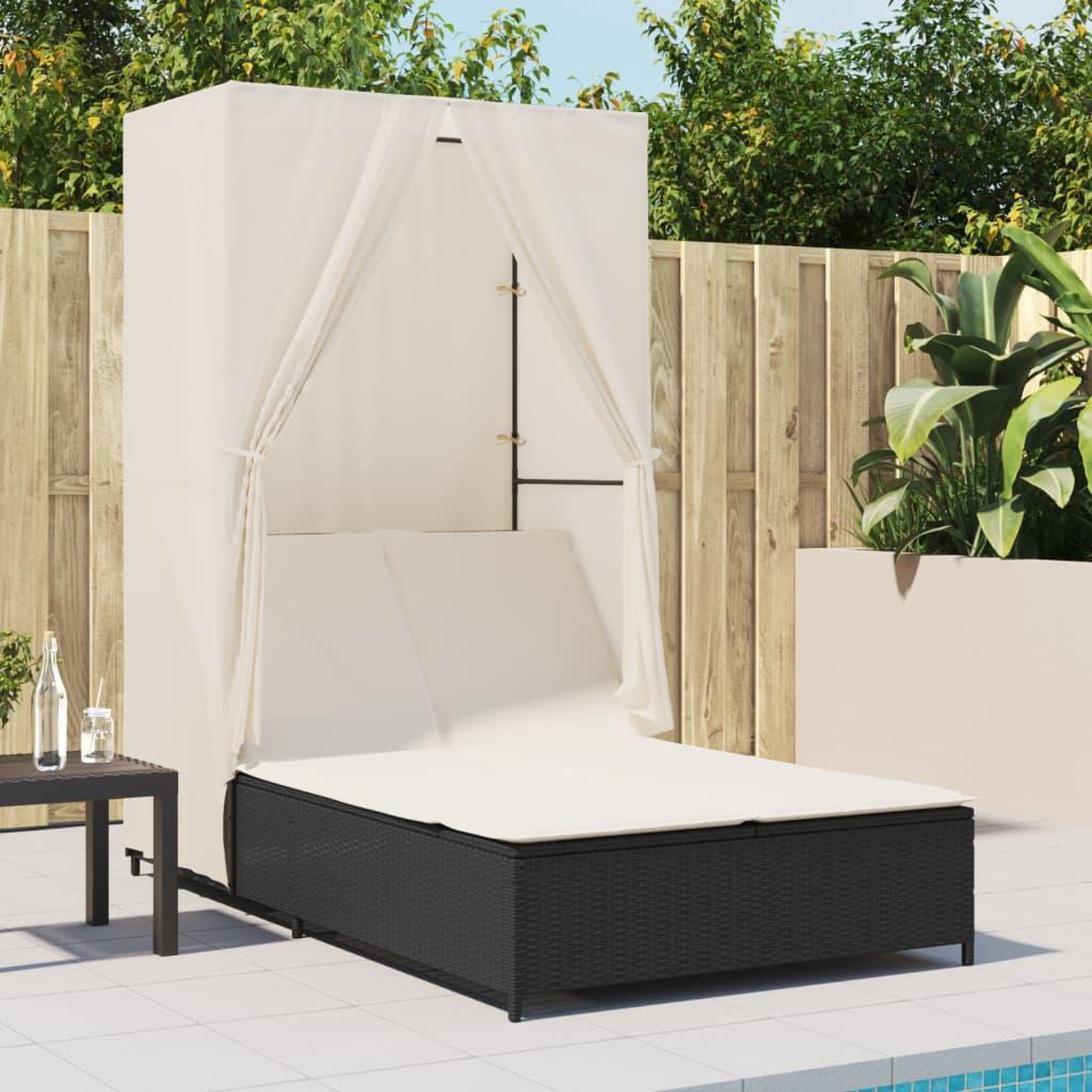 Voir la diapositive 3 : VIDAXL Chaise longue double avec toit et rideaux noir resine tressee