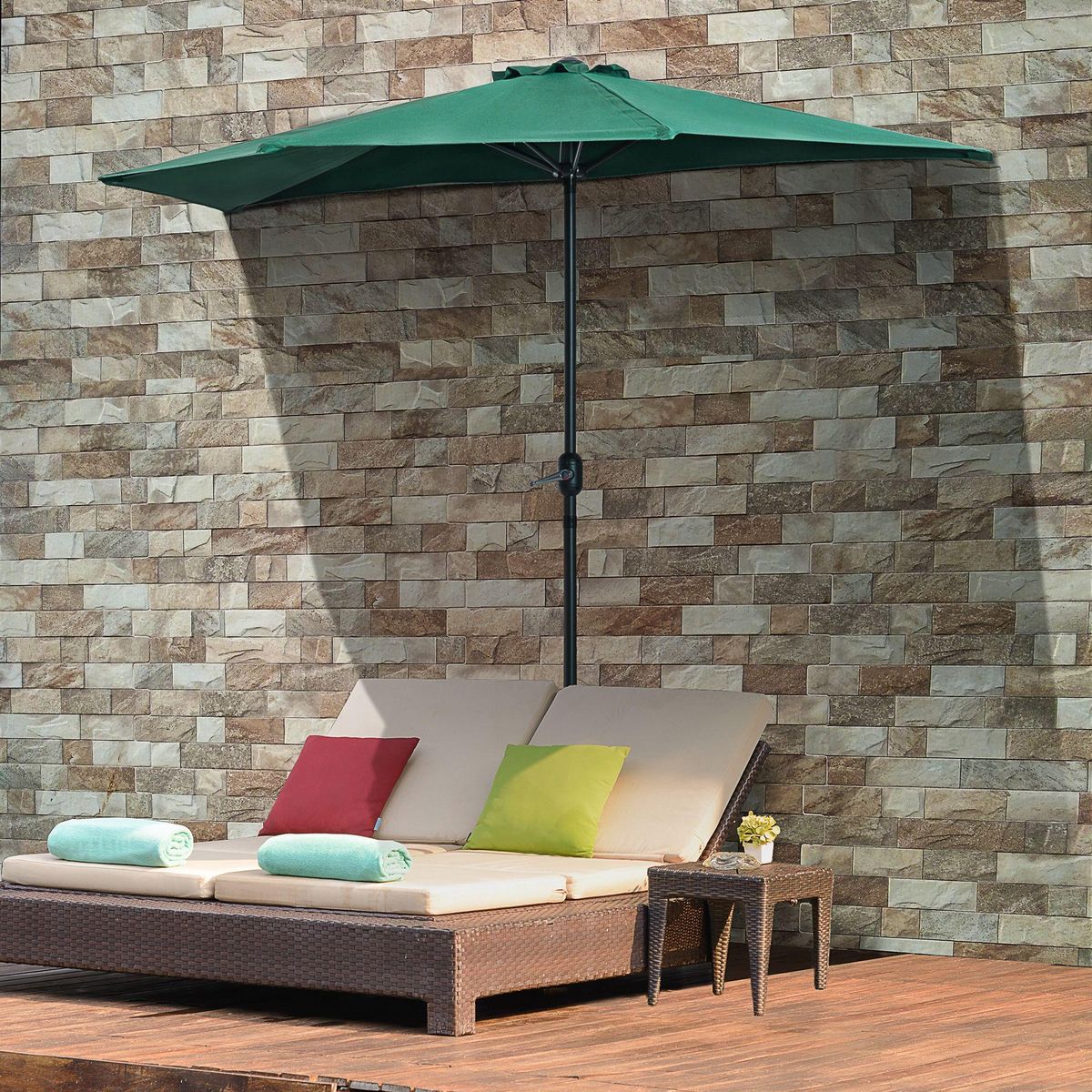 OUTSUNNY Demi parasol, parasol de balcon 5 entretoises métal polyester 2,69L x 1,38l x 2,36H m vert