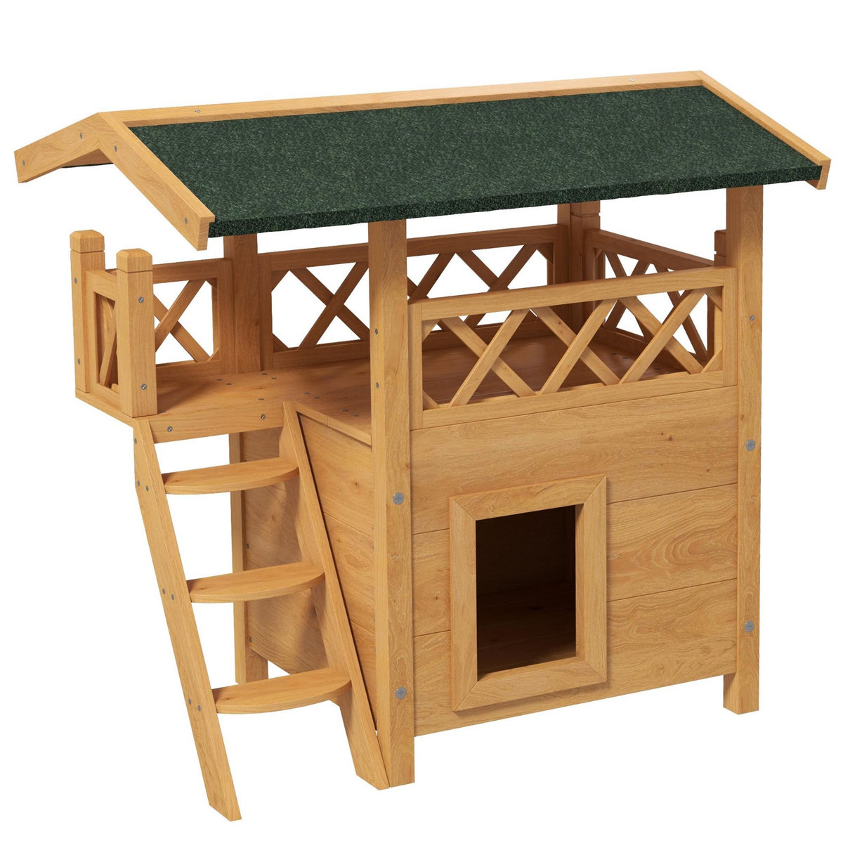 PAWHUT Maison lodge chat chien - niche villa avec terrasse, escalier, toit - 77 x 50 x 73 cm - bois pin pré-huilé