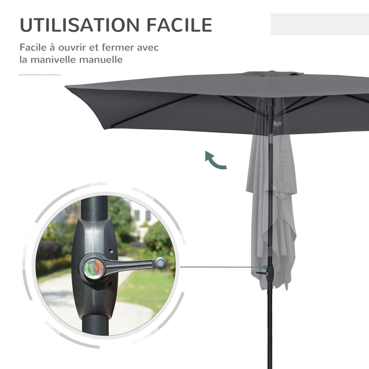 OUTSUNNY Parasol rectangulaire inclinable de jardin avec manivelle alu. métal polyester haute densité anti UV 50+ gris