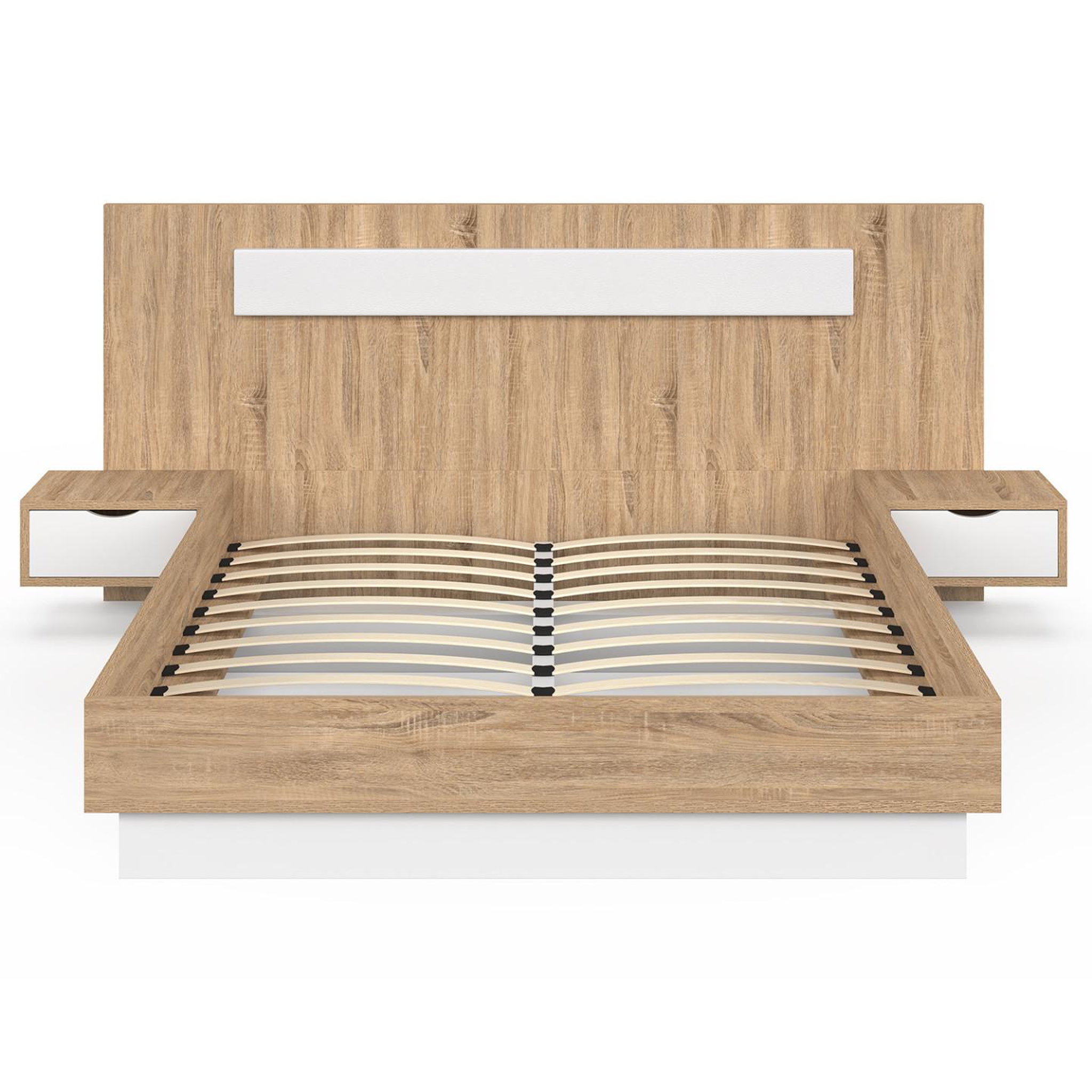 Voir la diapositive 3 : ID MARKET Lit double santa avec tête de lit + tables de chevet intégrées et sommier 140 x 190 cm bois et blanc