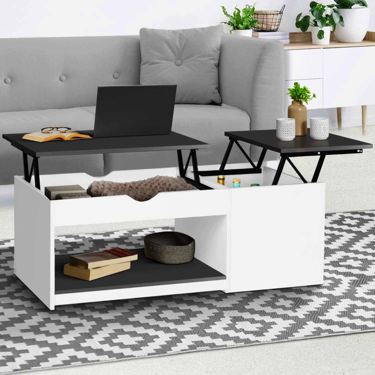 ID MARKET Table basse 2 plateaux relevables EYLA avec coffre bois blanc et gris