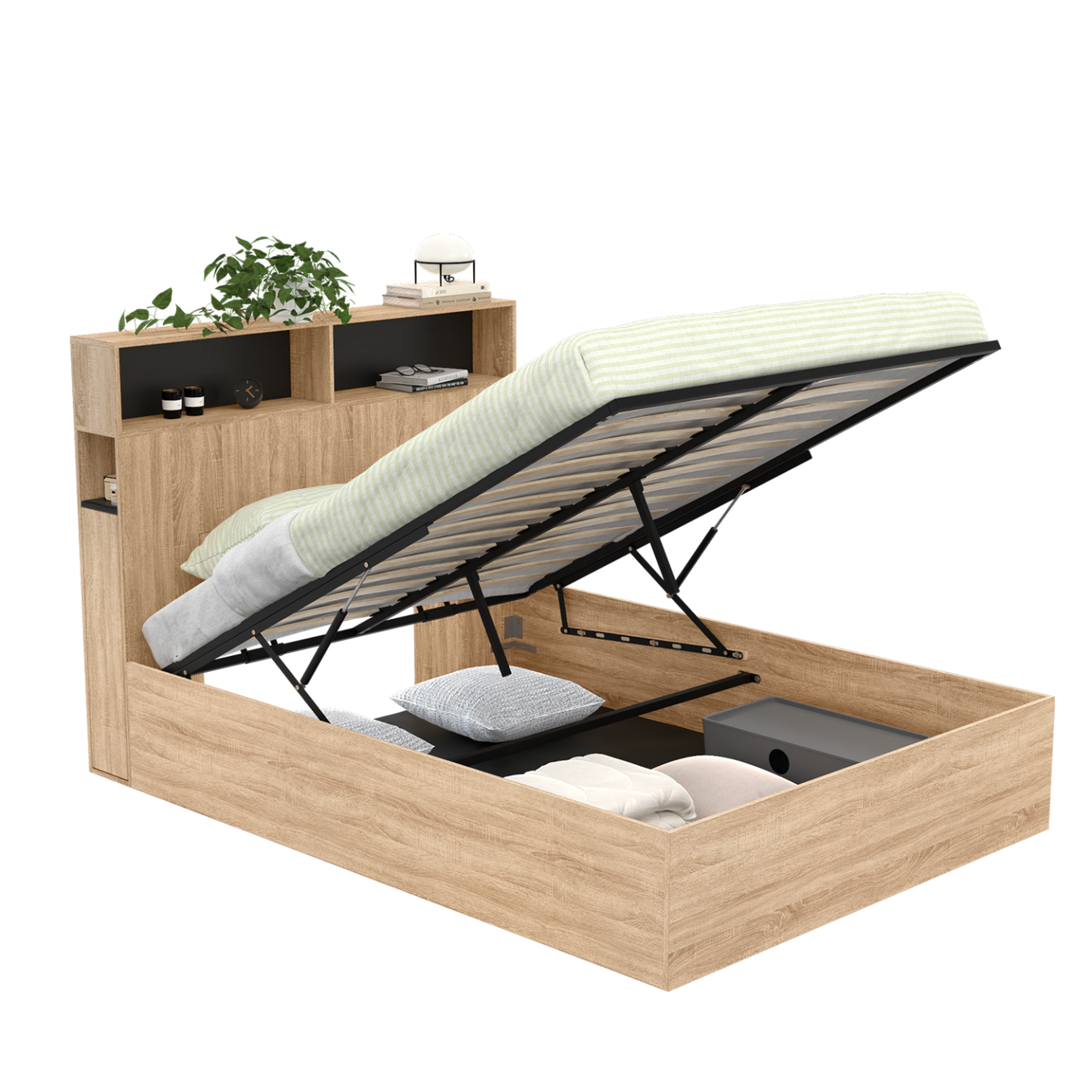 ID MARKET Lit coffre double clyde avec tête de lit + rangements et sommier 140 x 190 cm façon hêtre et noir