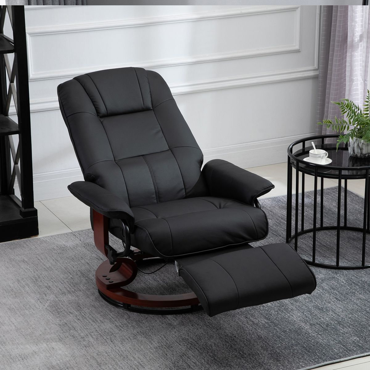 HOMCOM Fauteuil relax inclinable repose-pieds réglable pivotant 360° piètement bois revêtement PU noir