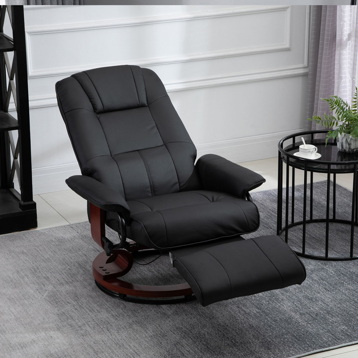 HOMCOM Fauteuil relax inclinable repose-pieds réglable pivotant 360° piètement bois revêtement PU noir
