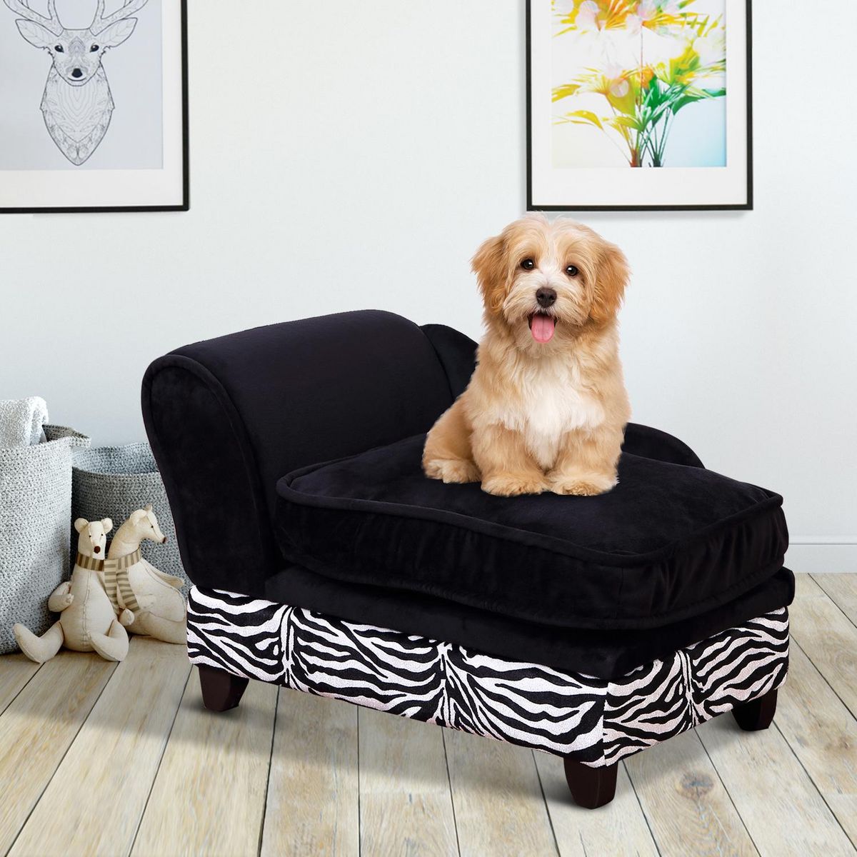 PAWHUT Méridienne canapé design pour chien chat avec coffre de rangement sur pied 57 x 34 x 36 cm noir zébré