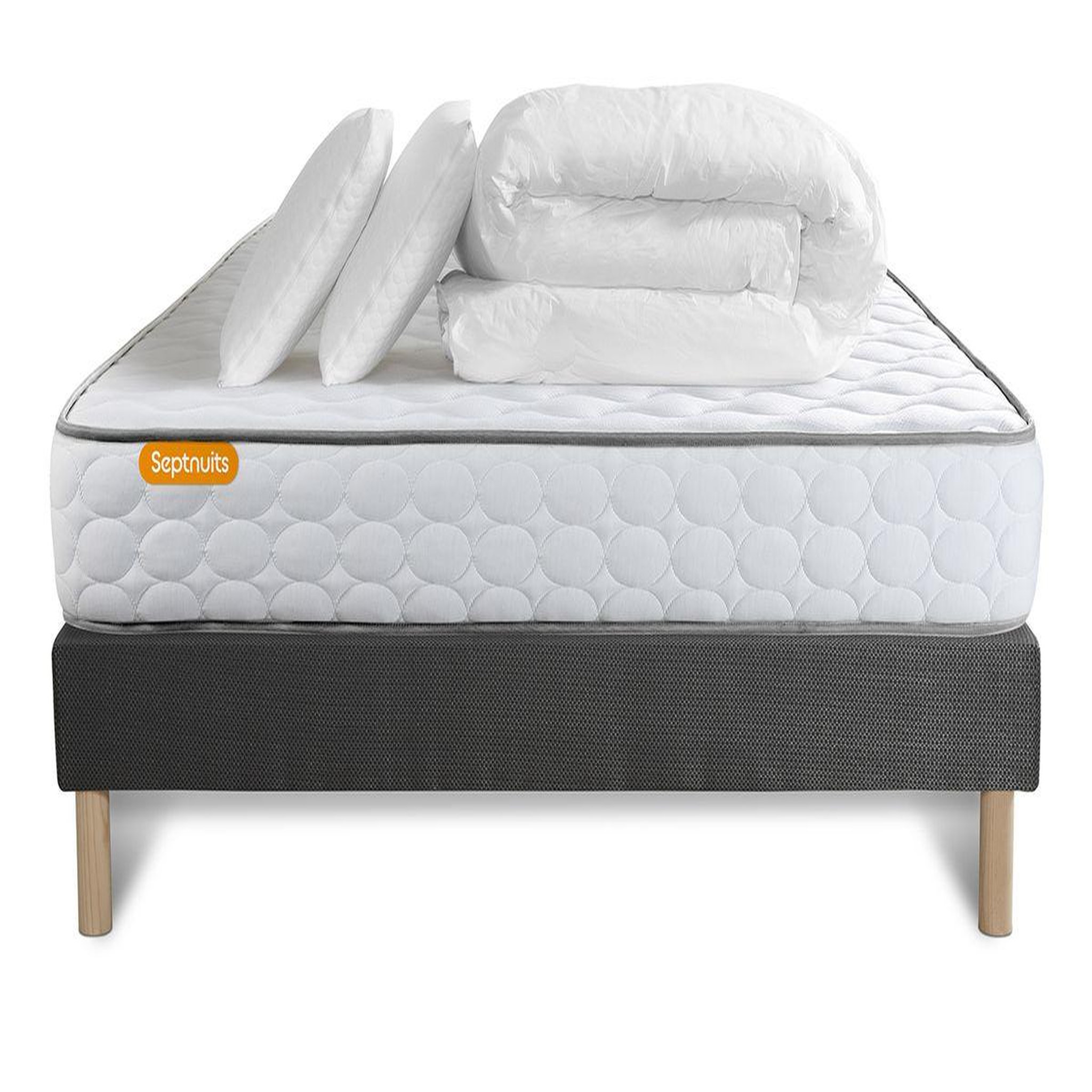 Voir la diapositive 2 : SEPTNUITS Pack matelas Memo + sommier gris + 2 oreillers mémoire de forme