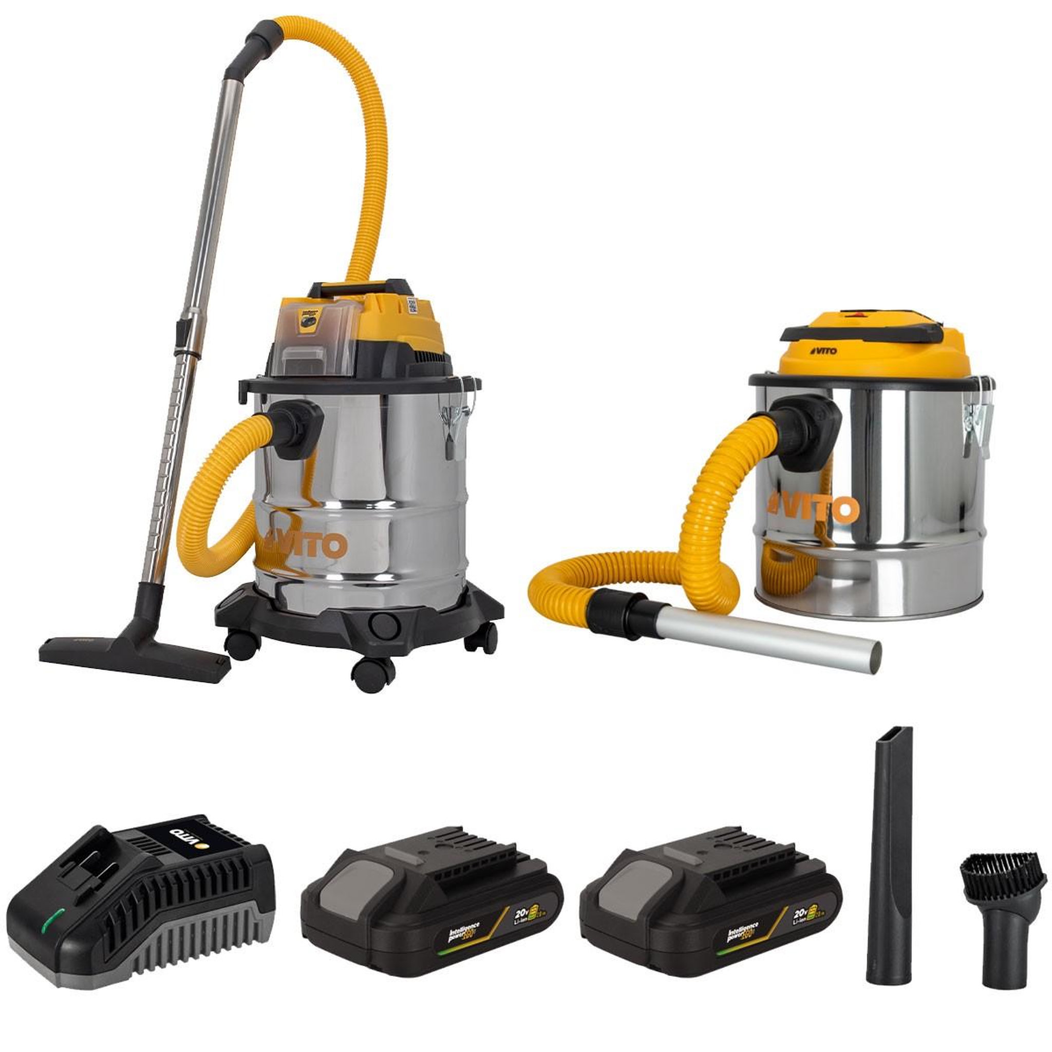 VITO Pack 2 aspirateurs 20v eau poussières cendres + 2 batterie lithium 2.0ah + chargeur cuves inox 20l et 12l vito
