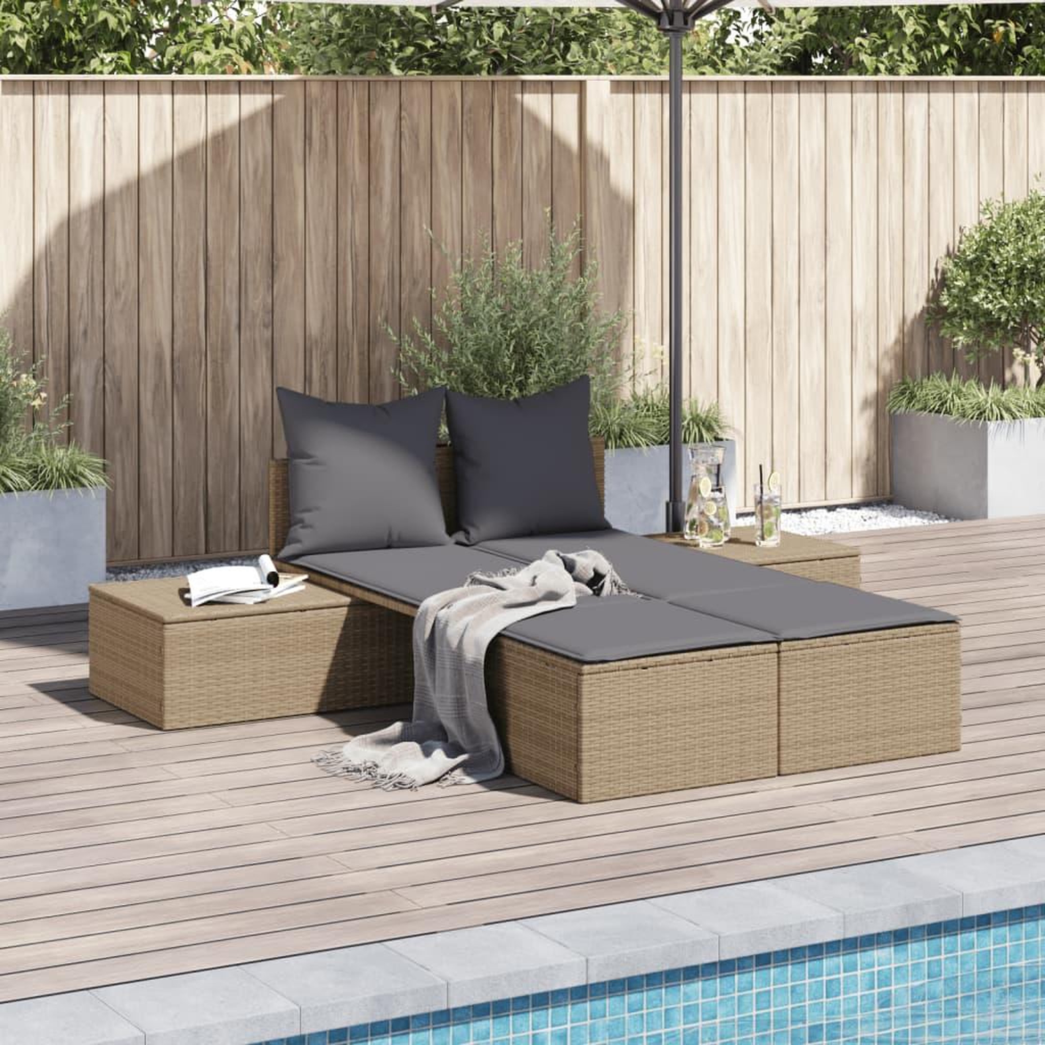 VIDAXL Chaise longue double avec coussins beige resine tressee