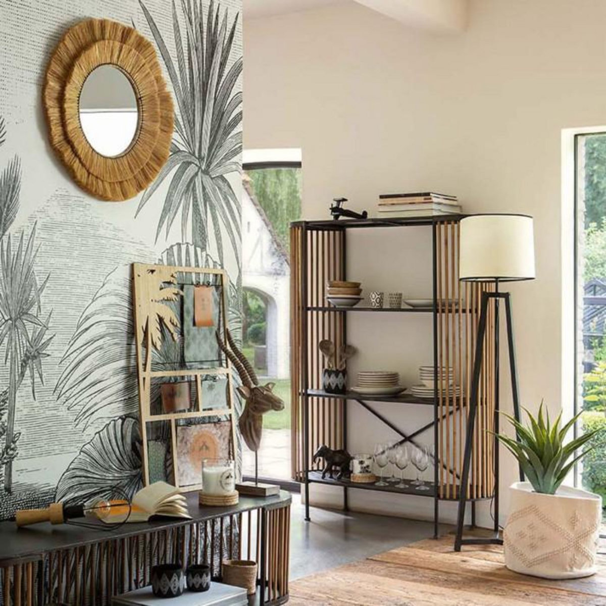 ATMOSPHERA Miroir Mural en Raphia Déco  Alba  57cm Beige