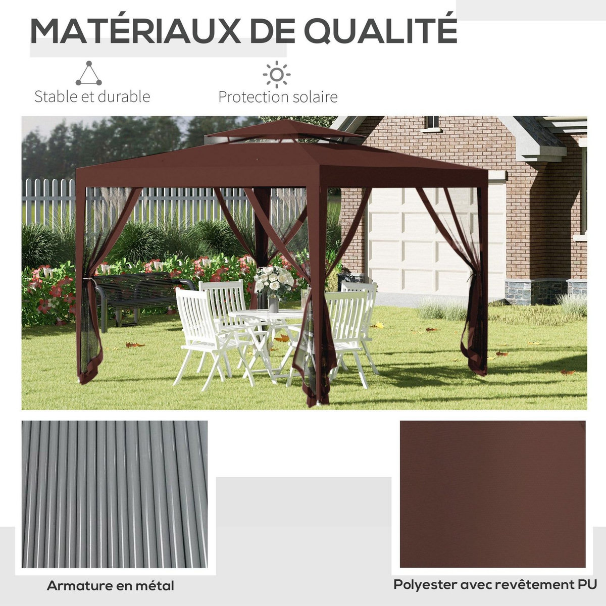 OUTSUNNY Tonnelle barnum de jardin 3L x 3l m avec 4 moustiquaires amovibles - double toit - métal polyester marron