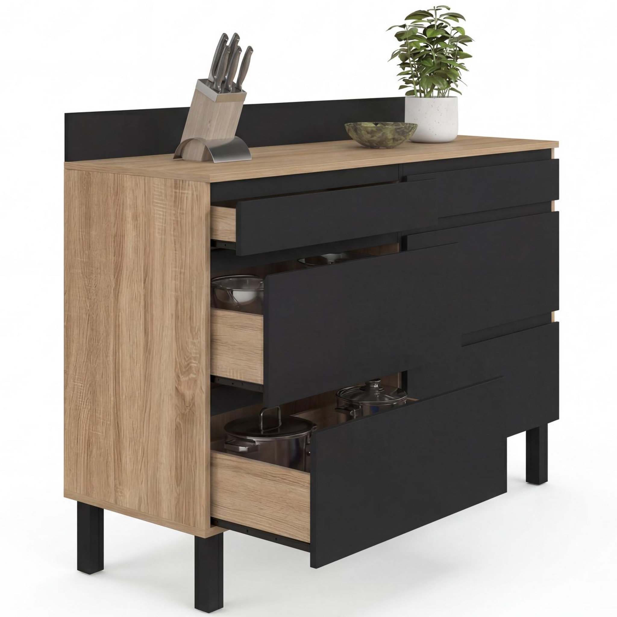ID MARKET Buffet bas double casserolier de cuisine 120 cm claude plan de travail h. 83 cm 6 tiroirs bois et noir