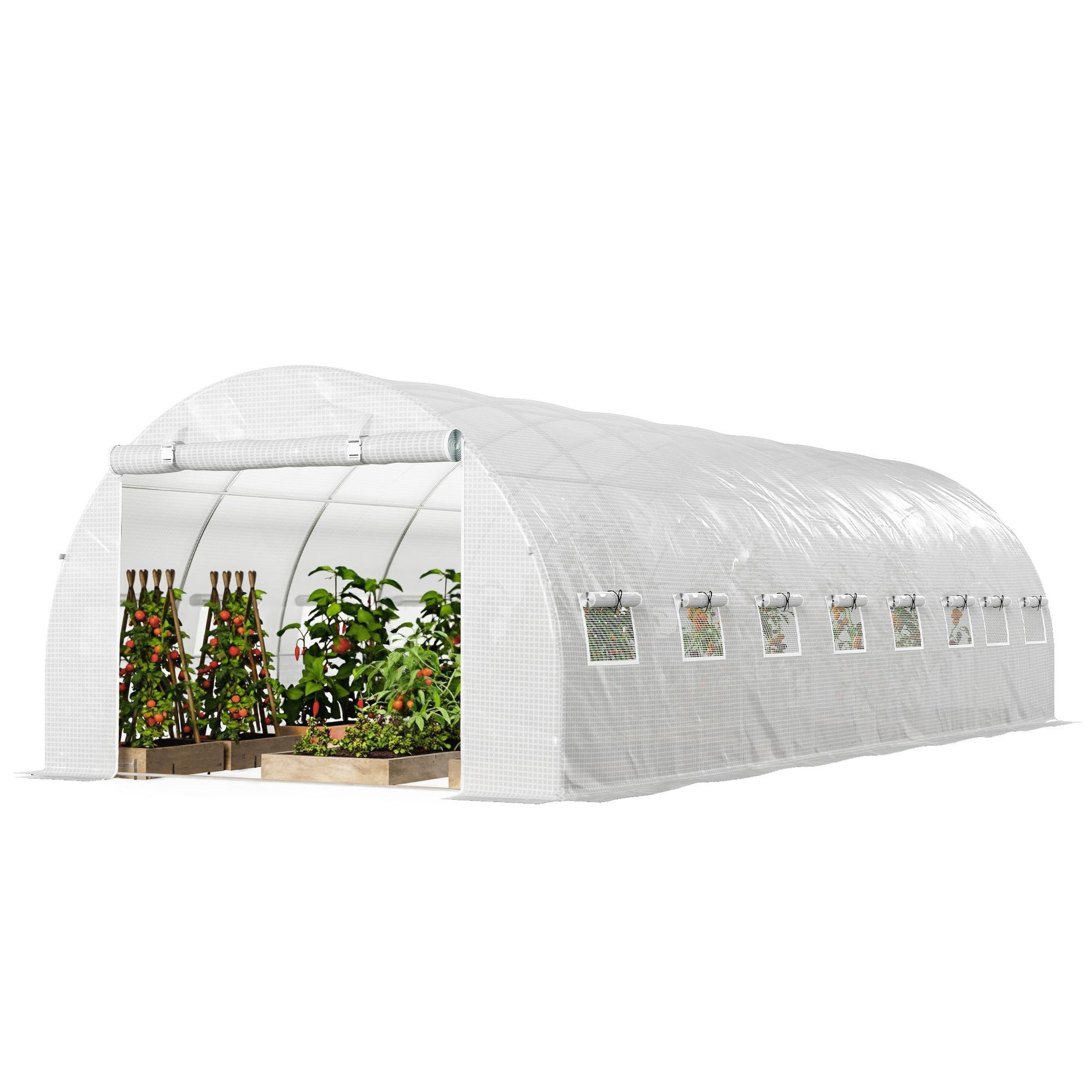 Voir la diapositive 5 : OUTSUNNY Serre tunnel 24m² dim. 8l x 3l x 2h m - 16 fenêtres, porte zippée - acier galvanisé pe haute densité blanc