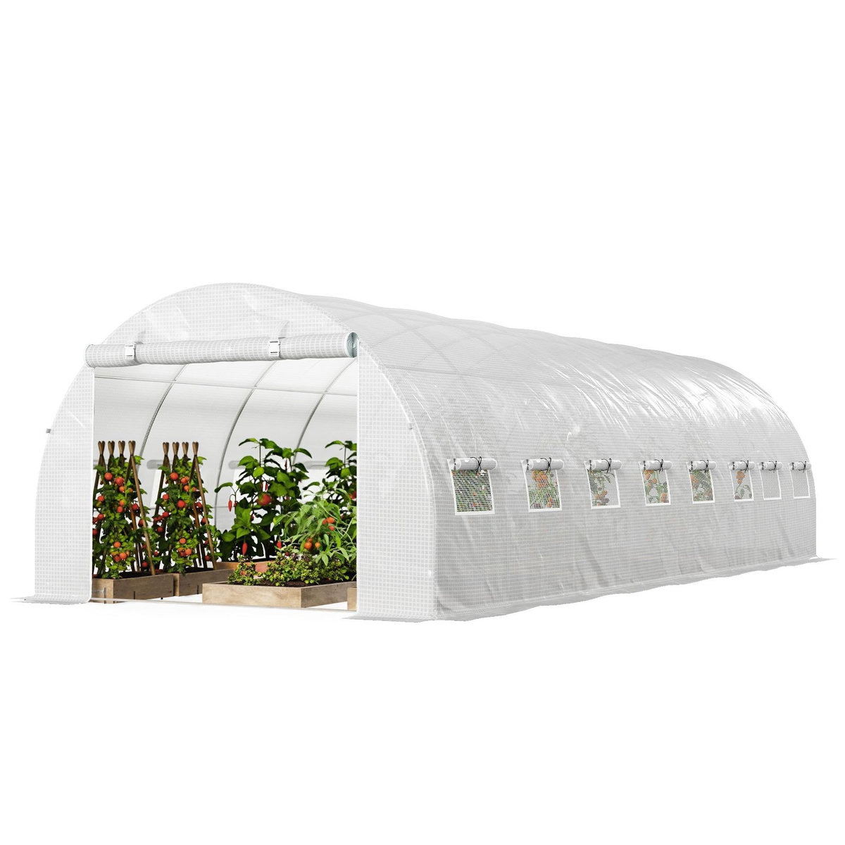 OUTSUNNY Serre tunnel 24m² dim. 8L x 3l x 2H m - 16 fenêtres, porte zippée - acier galvanisé PE haute densité blanc