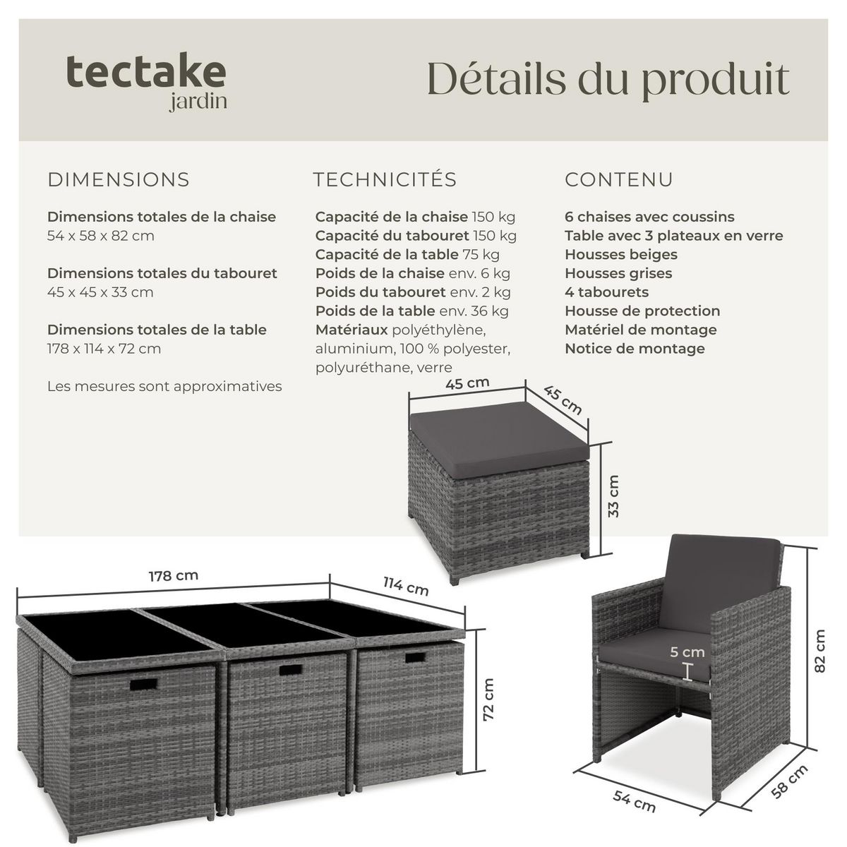 tectake Salon de jardin avec cadre en aluminium gris