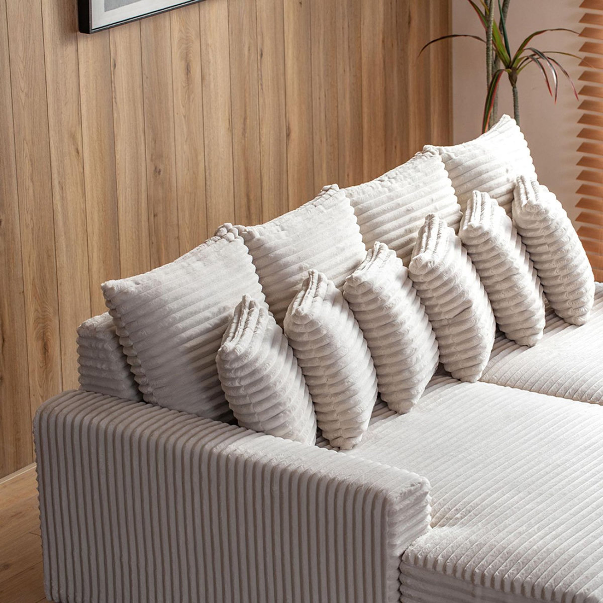 CONCEPT USINE Canapé d'angle 2-3 places assise profonde en velours côtelé beige CARDIFF