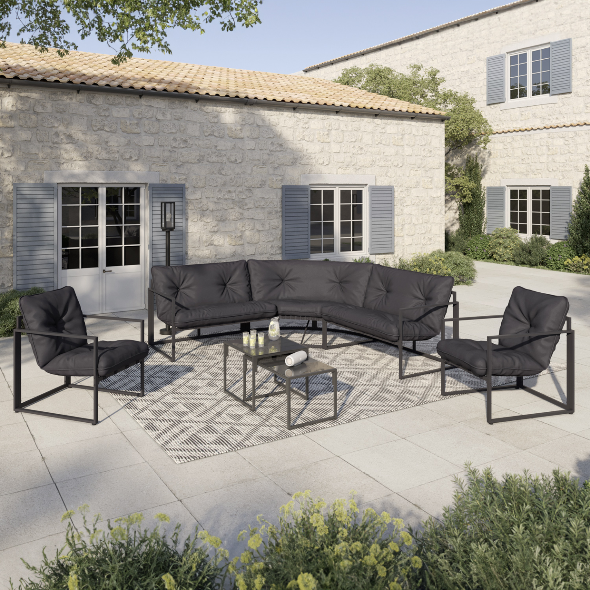 Voir la diapositive 2 : ID MARKET Salon de jardin bas nairobi 8 places salon d'angle en acier gris anthracite