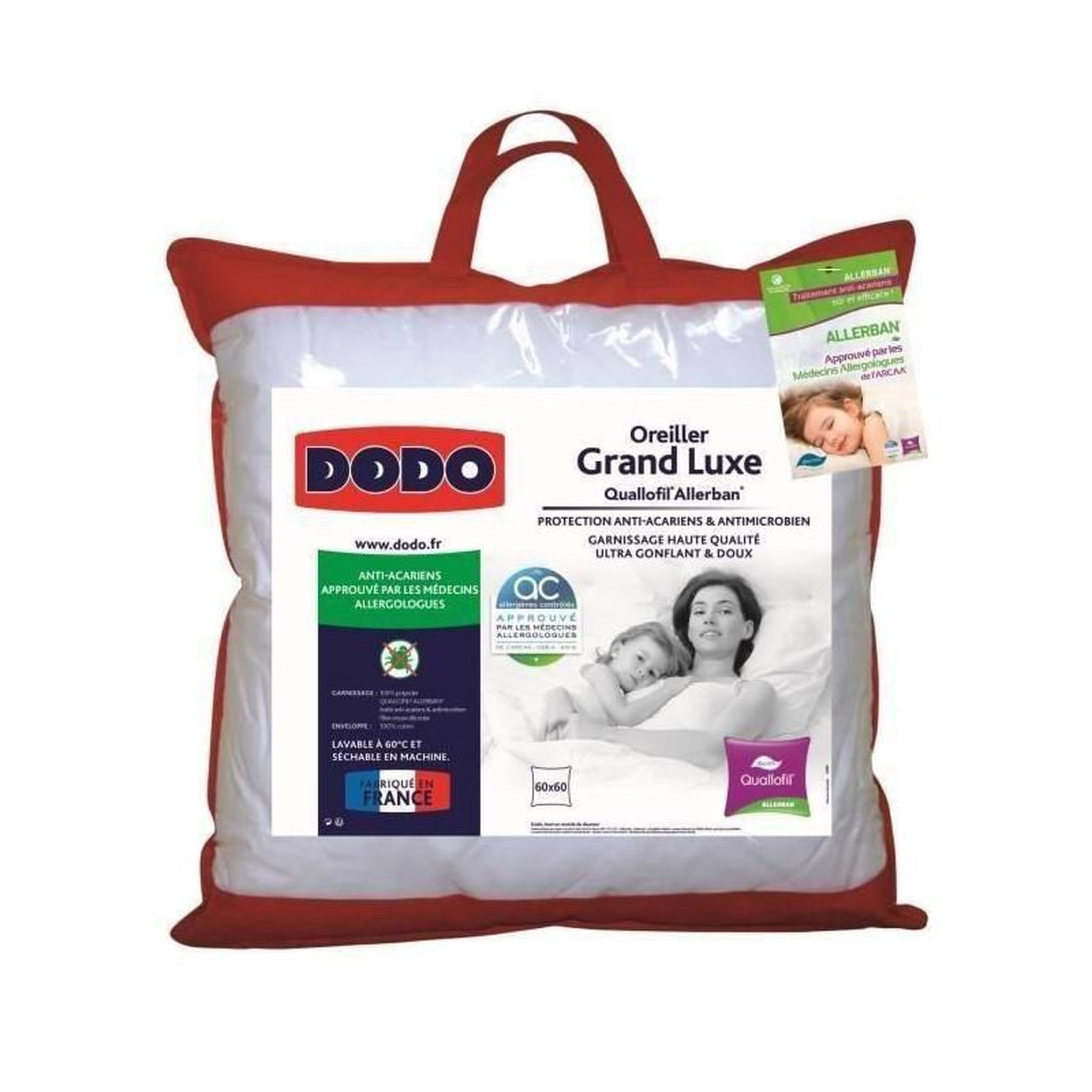 Voir la diapositive 2 : DODO DODO Oreiller Grand luxe Quallofil Allerban 60x60 cm blanc