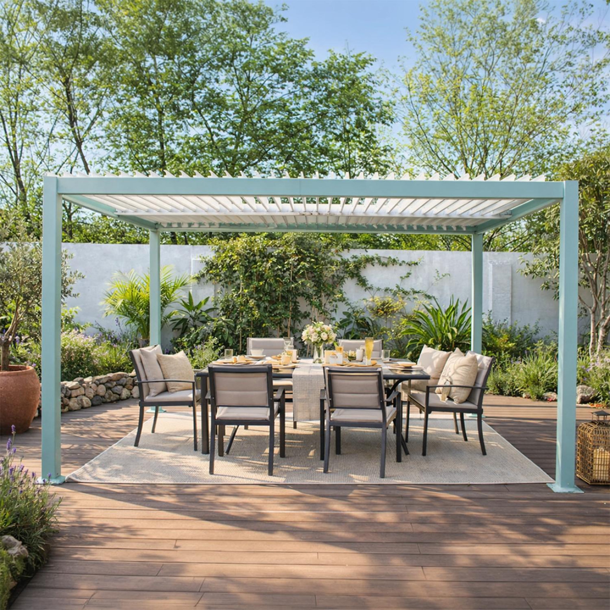Voir la diapositive 6 : CONCEPT USINE Pergola bioclimatique 4x3m structure aluminium lames orientables verte corfu