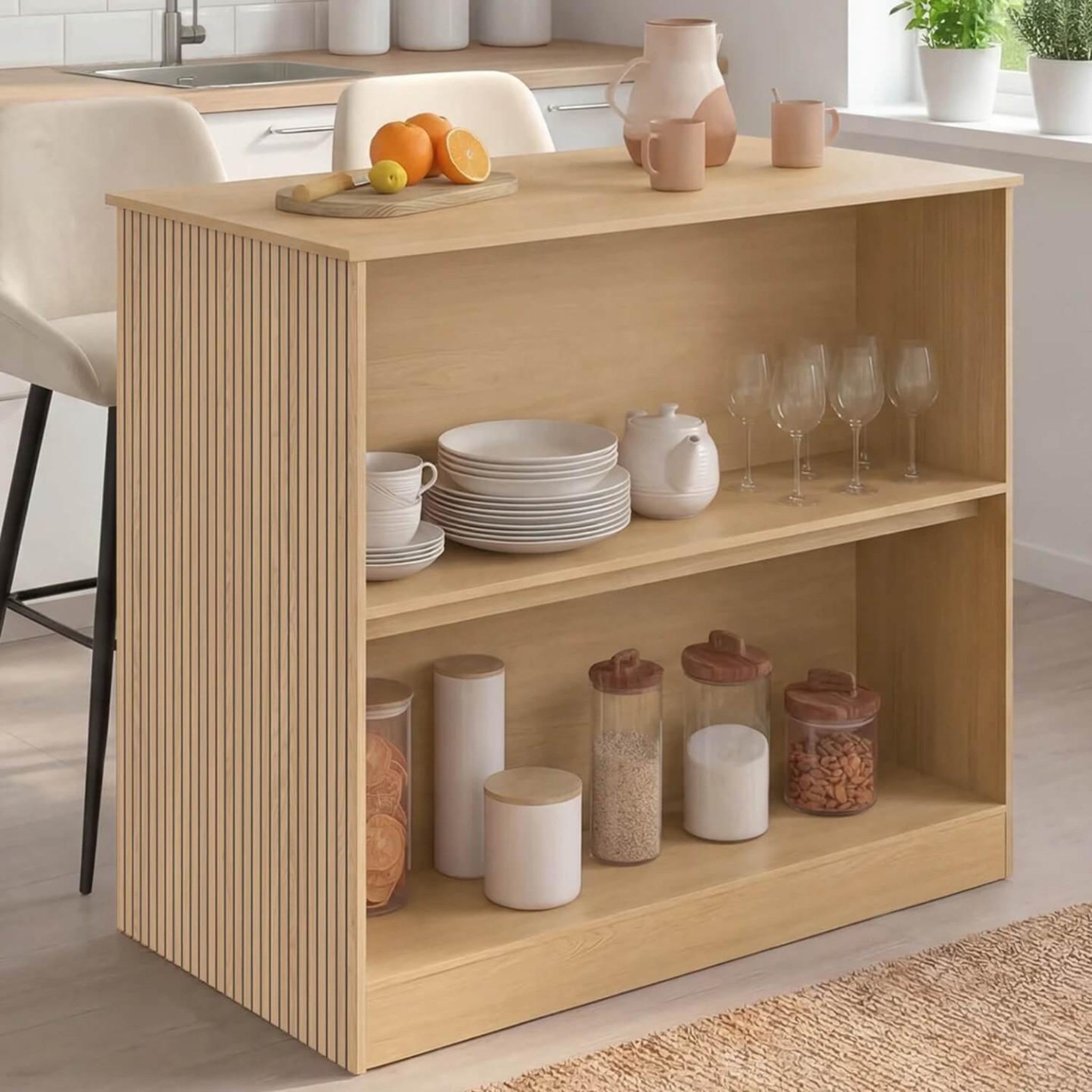 Voir la diapositive 2 : ID MARKET Table de bar îlot JULIETTE effet lattes tasseau de bois coloris chêne