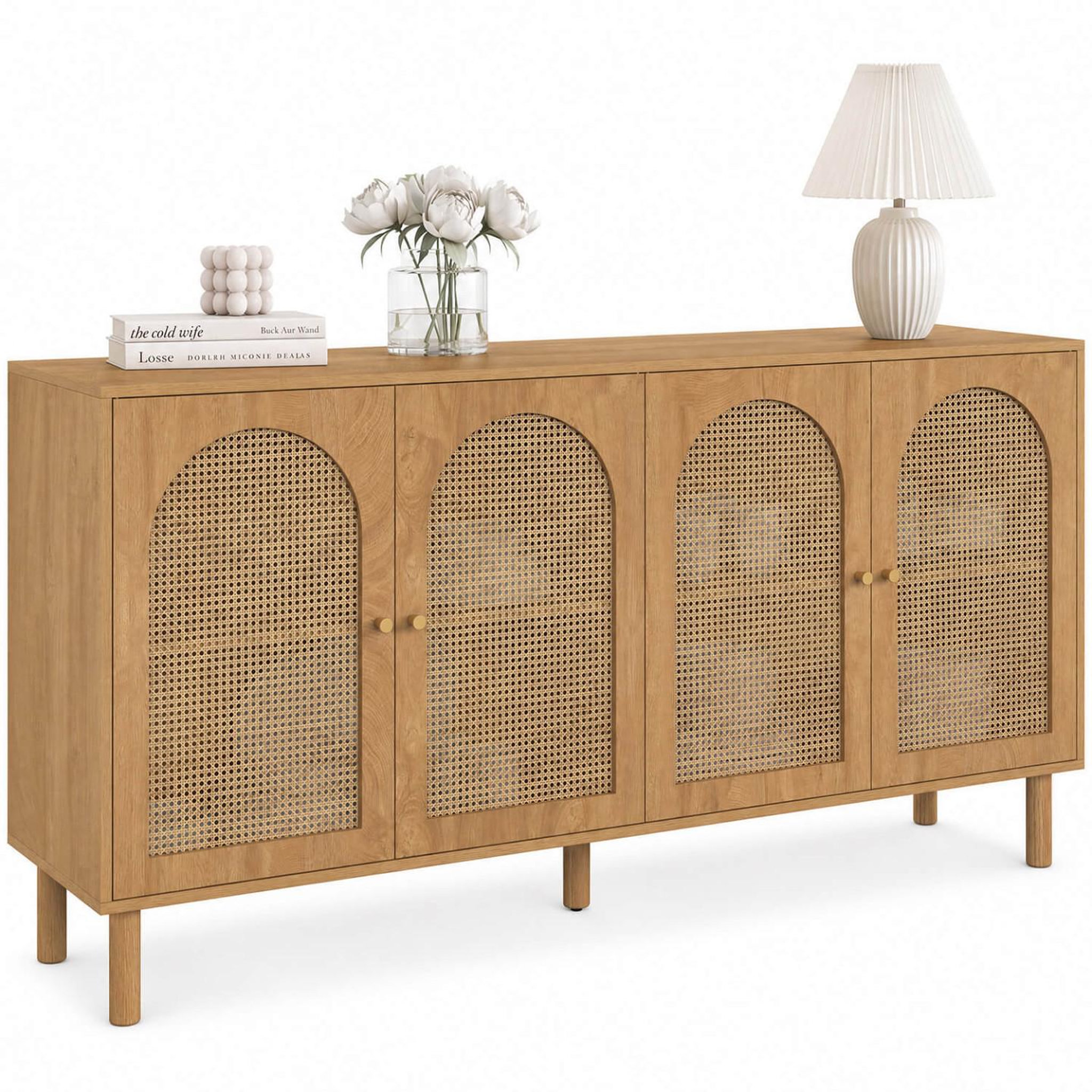 ID MARKET Buffet 160 cm vlora 4 portes forme arche bois et cannage