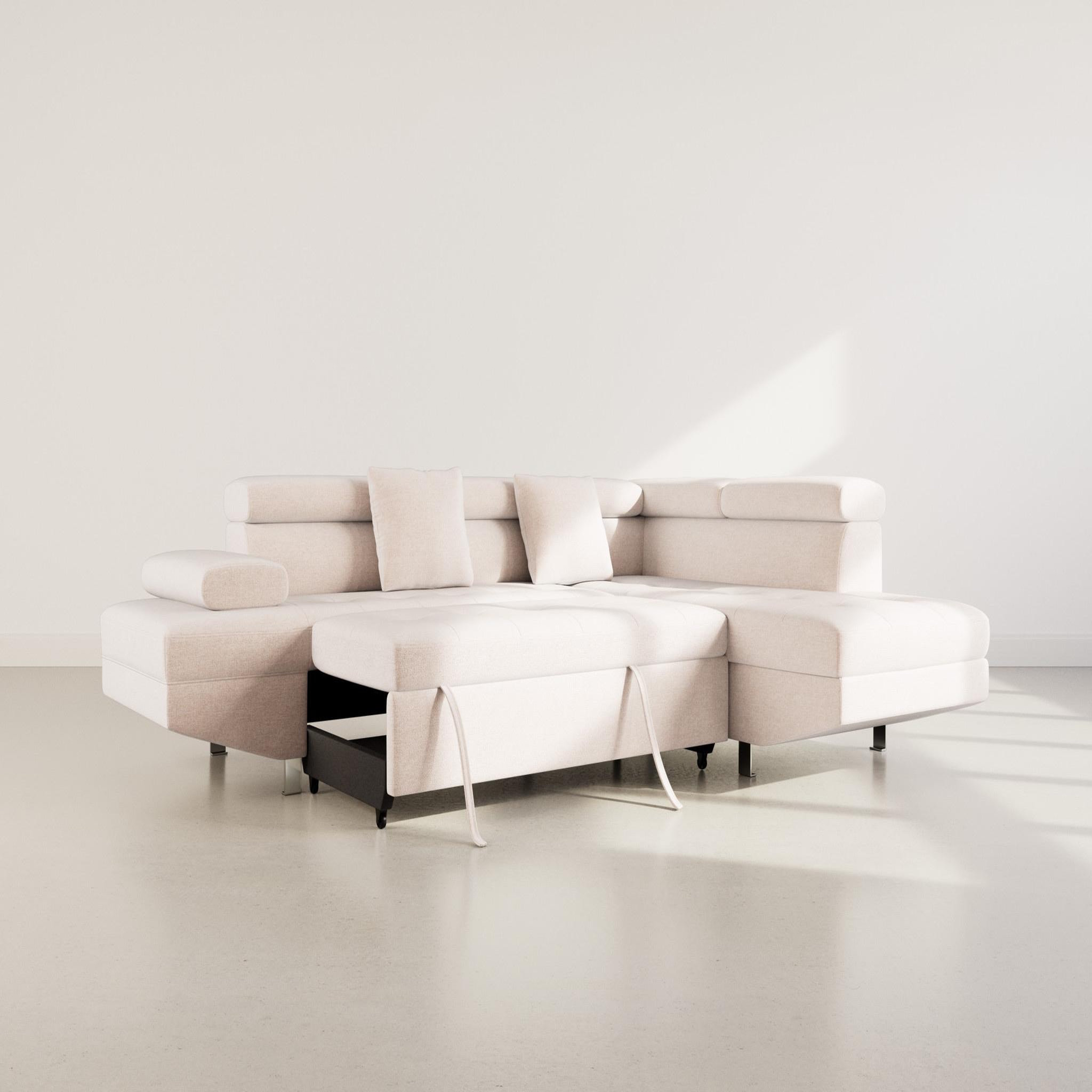 Voir la diapositive 2 : BEST MOBILIER Margaux - canapé d'angle droit 5 places convertible avec coffre et têtières réglables en velours texturé