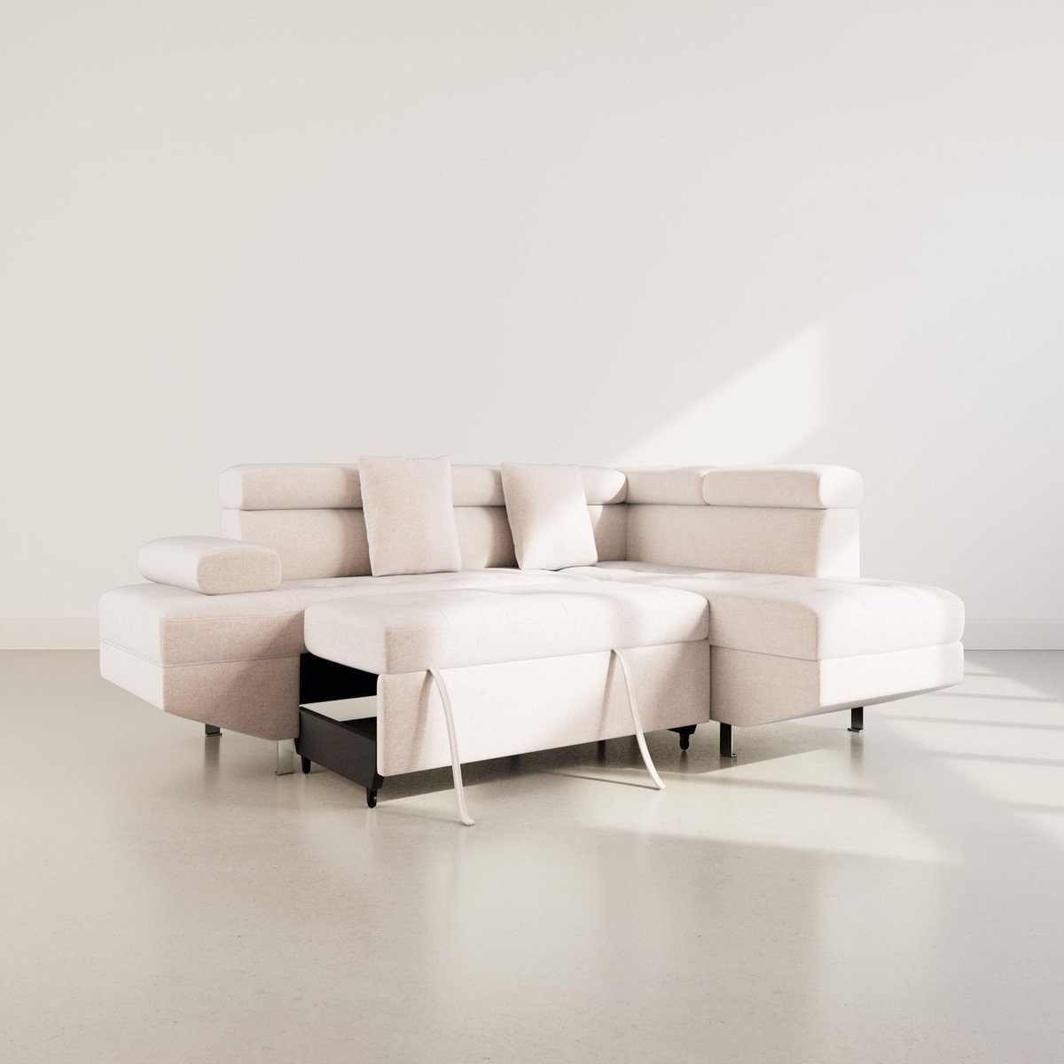 BEST MOBILIER Margaux - canapé d'angle droit 5 places convertible avec coffre et têtières réglables en velours texturé