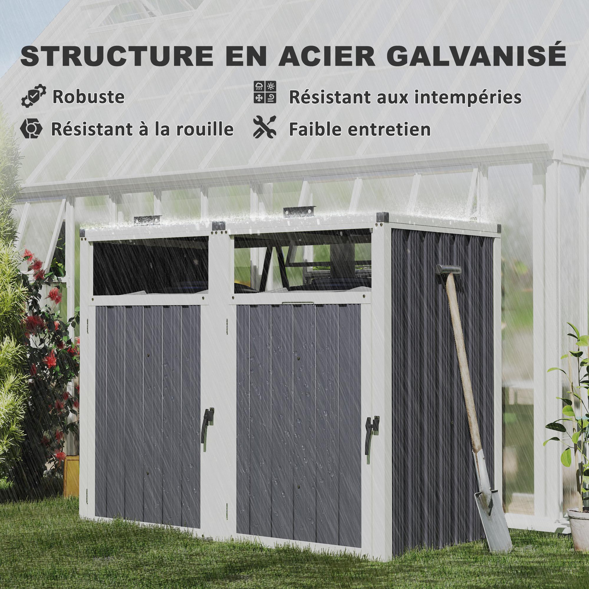 Voir la diapositive 6 : OUTSUNNY Abri poubelles double - cache poubelles 2 x 240L - portes, couvercles - tôle acier ondulé blanc gris