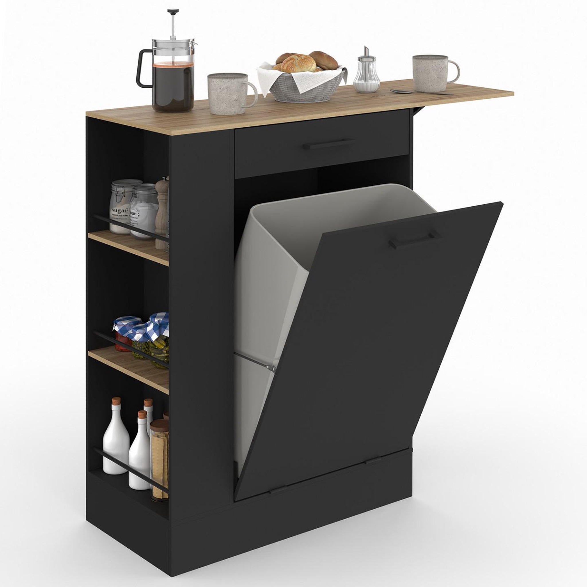 ID MARKET Buffet de cuisine compact 90 cm tibo avec espace poubelle, tablette rabattable, 1 tiroir et 3 étagères latérales bois et noir