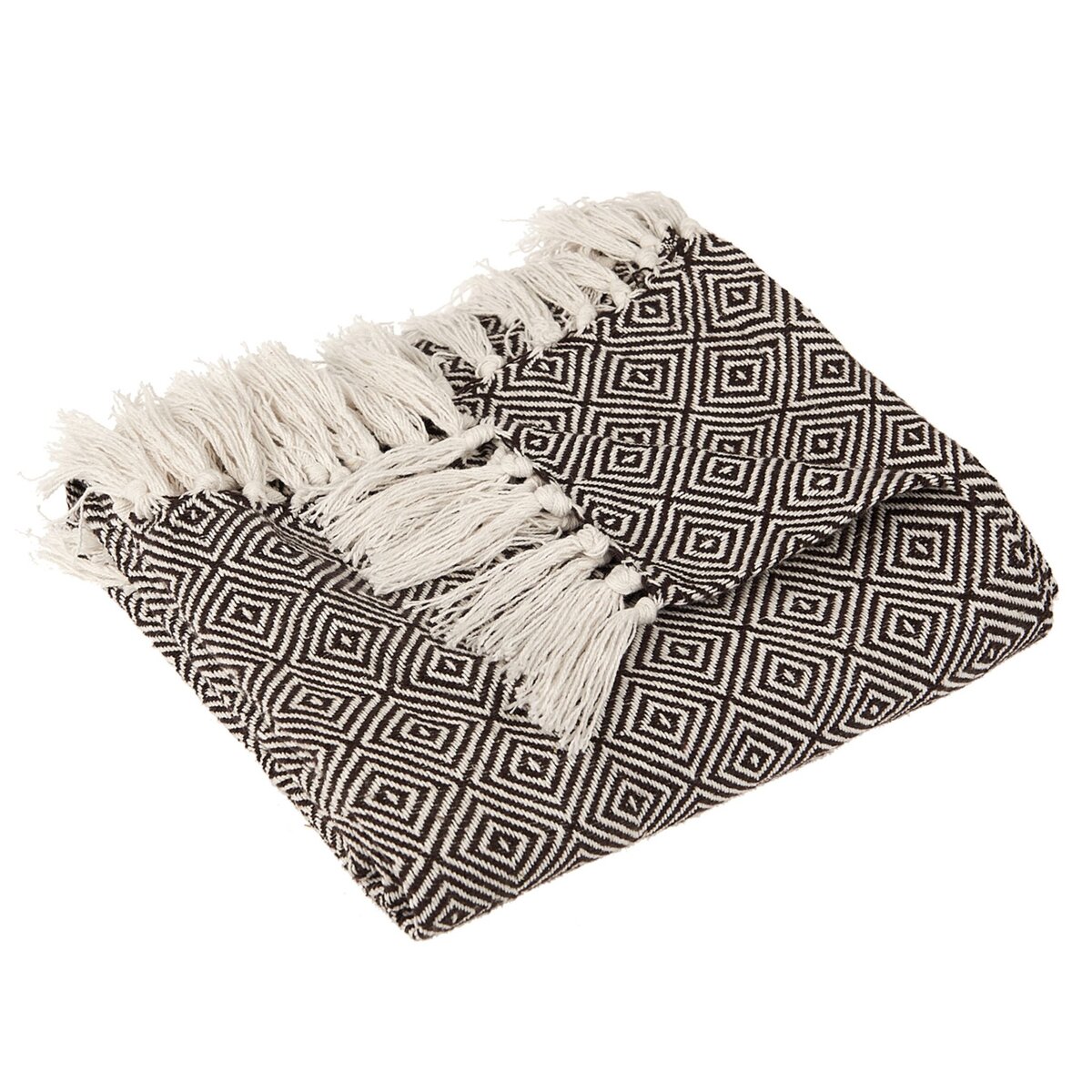 ACTUEL Plaid, couvre-lit, jeté de canapé en coton motifs géométriques finition franges