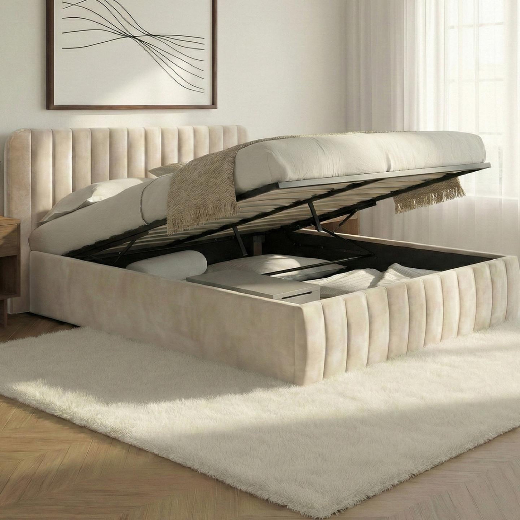Voir la diapositive 2 : ID MARKET Lit coffre double alba avec tête de lit et sommier 140 x 190 cm velours beige
