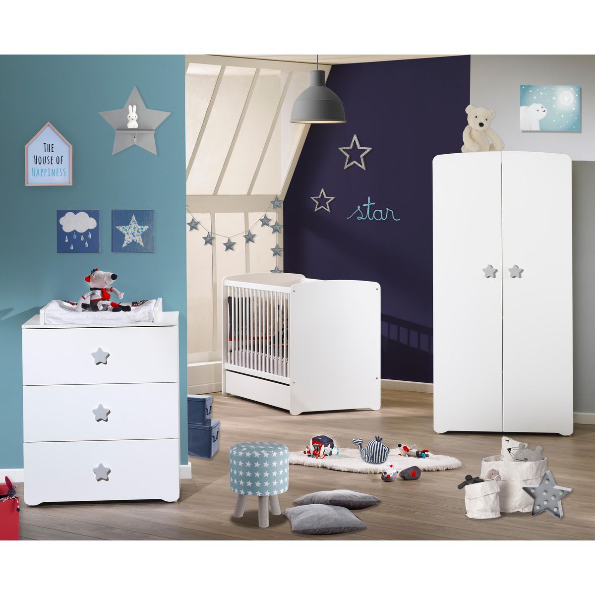 BABY PRICE Commode à langer 3 tiroirs NEW BASIC Boutons Etoile Gris