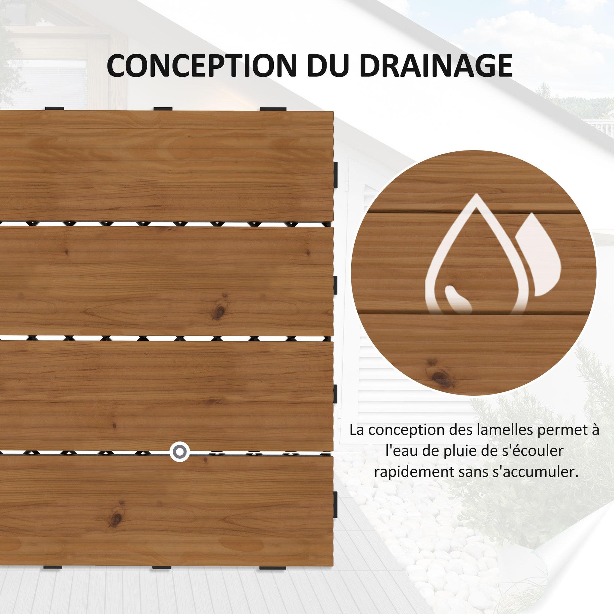 Voir la diapositive 6 : OUTSUNNY Dalles terrasse - caillebotis - lot de 12 pcs, max. 1,08 m²- clipsables, installation très simple - lamelles bois sapin pré-huilé