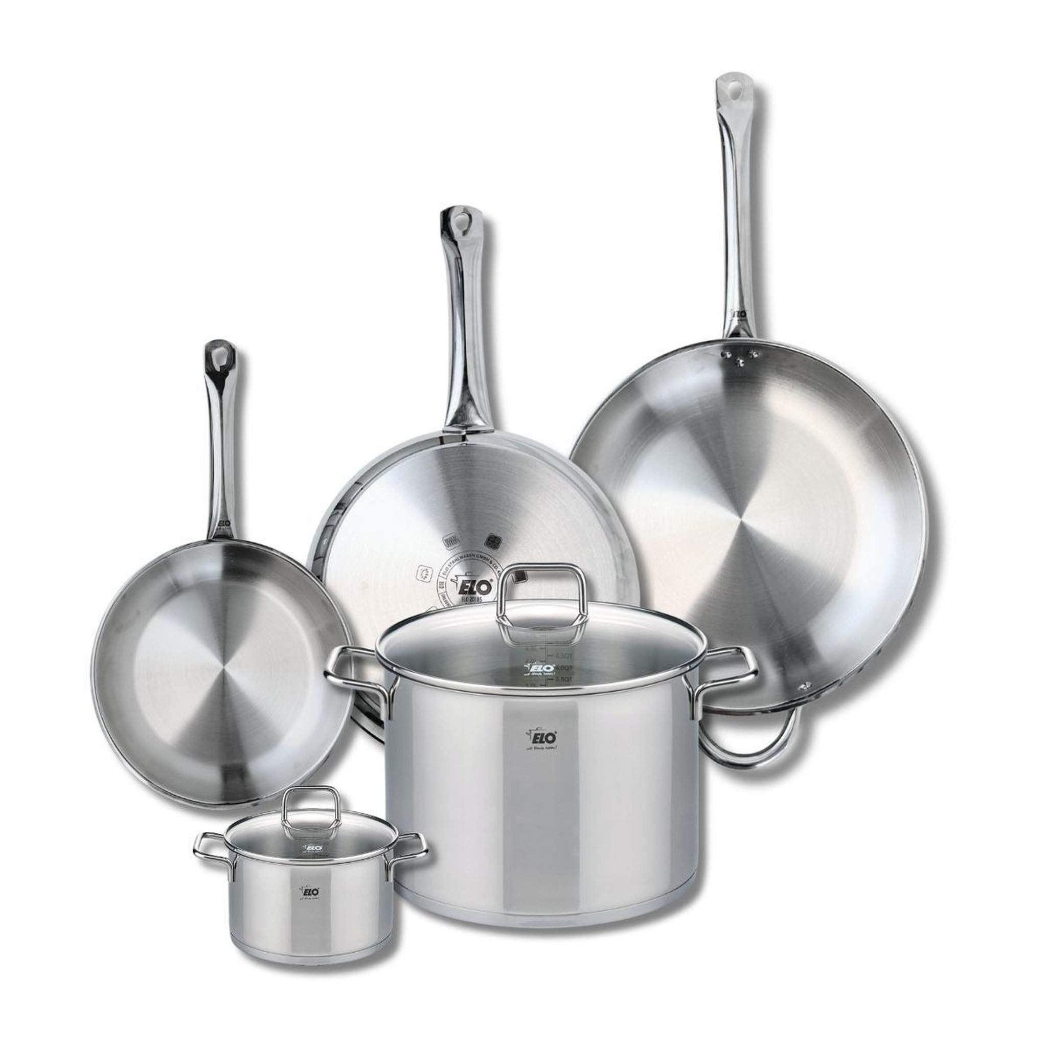 ELO Ensemble de 3 poêles de cuisson 24, 28 et 32 cm et 2 faitouts 14 et 26 cm elo profi citrin